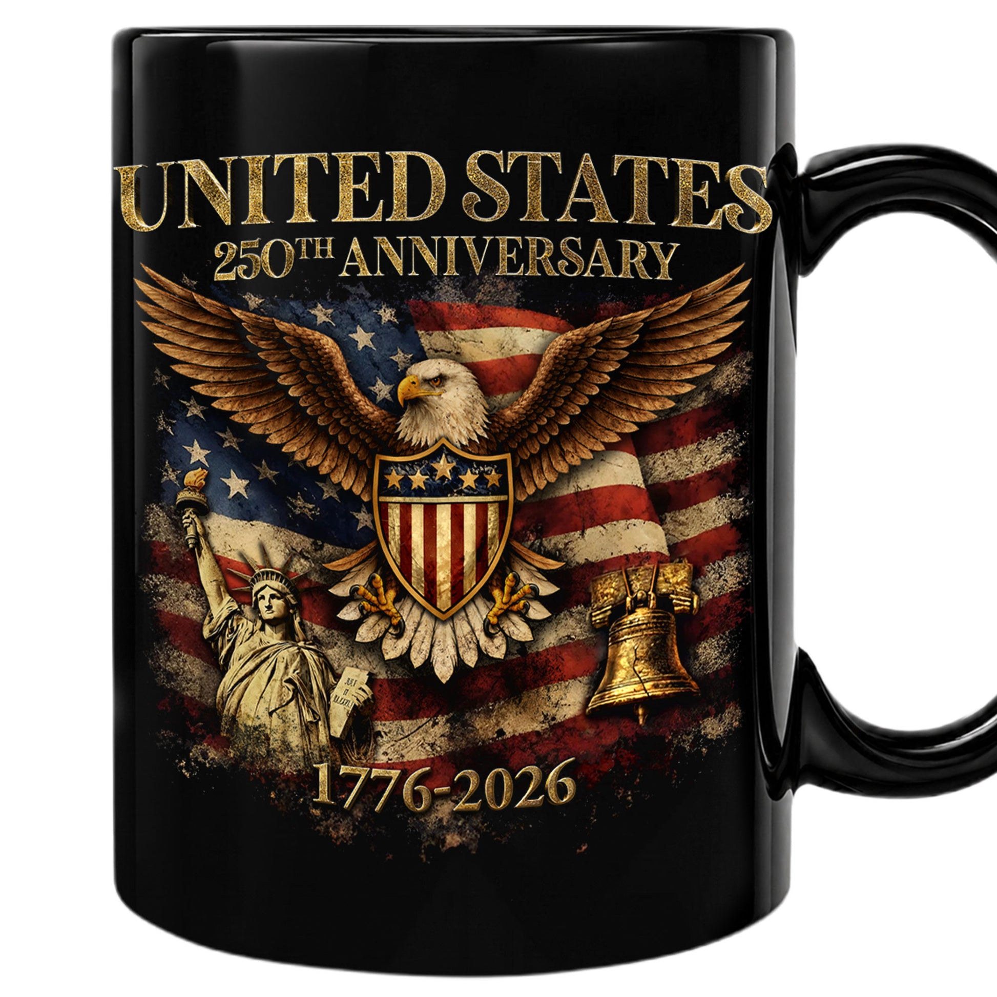 USA 250 Years 1776-2026 Patriotic Symbols Statue of Liberty Eagle Anniversary Mug - Rust Field Wear