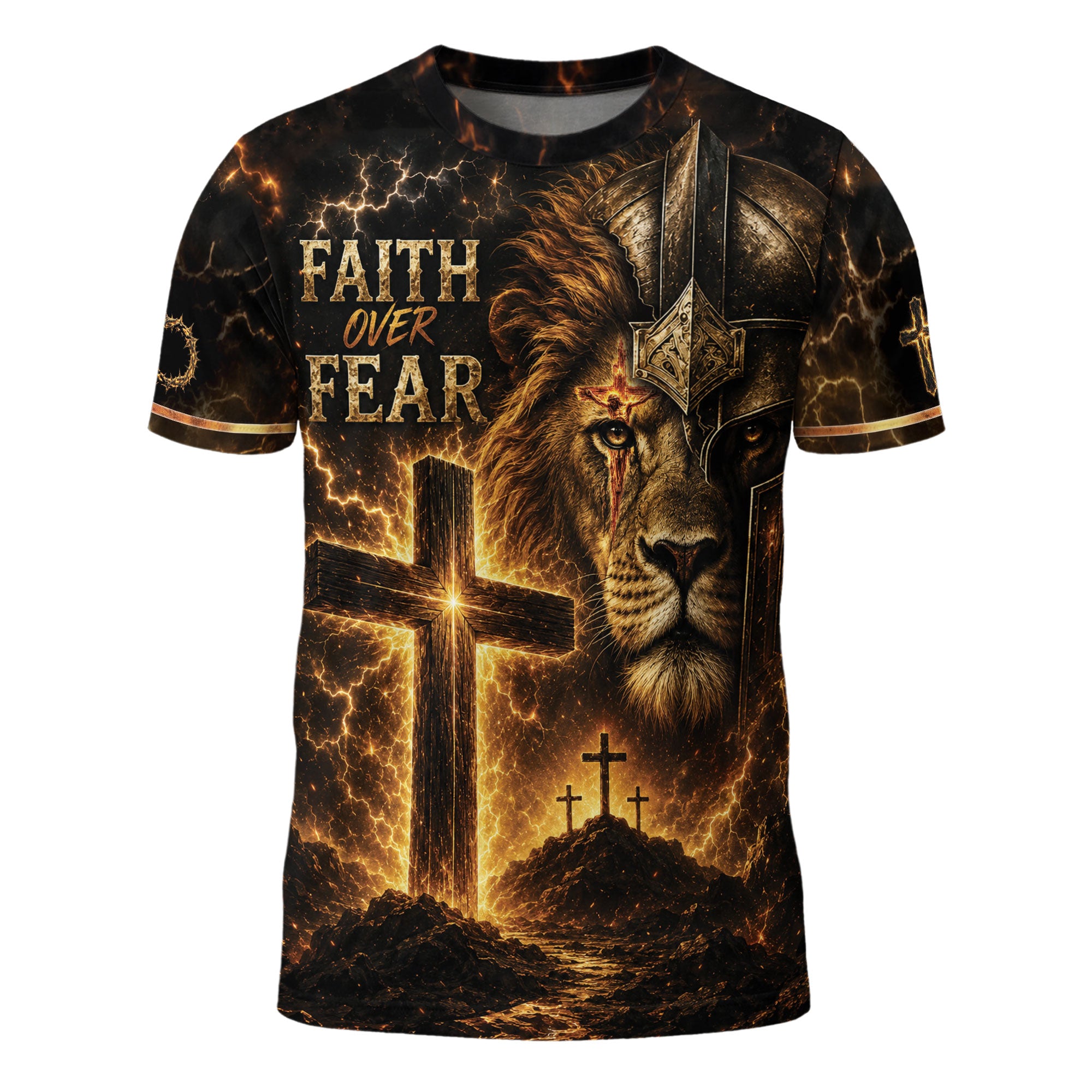 Faith Over Fear Lion Cross Warrior 3D Graphic Christian T Shirt Apparel Men Clothing