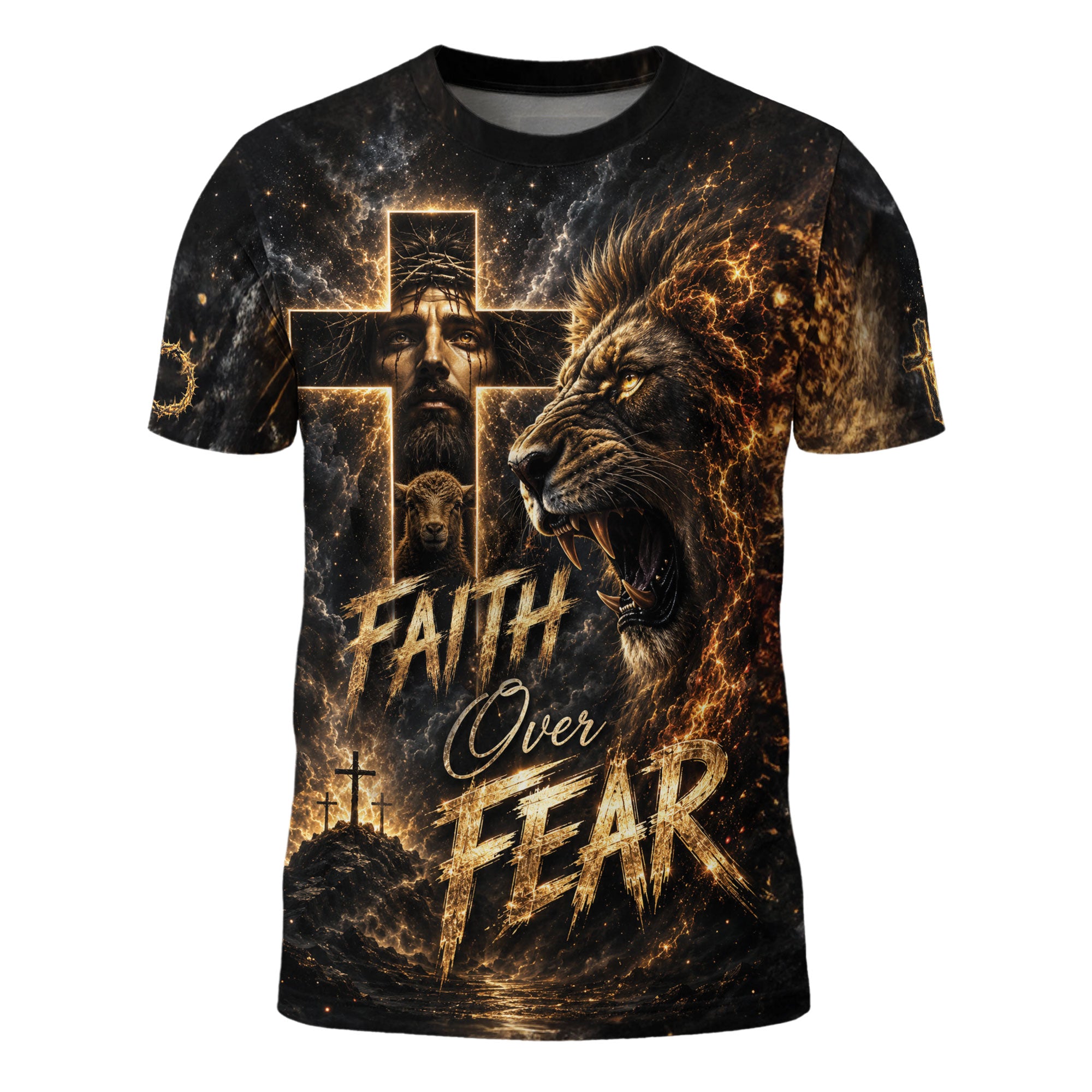 Faith Over Fear Jesus Lion Cross 3D Graphic Christian T Shirt Apparel Men Clothing