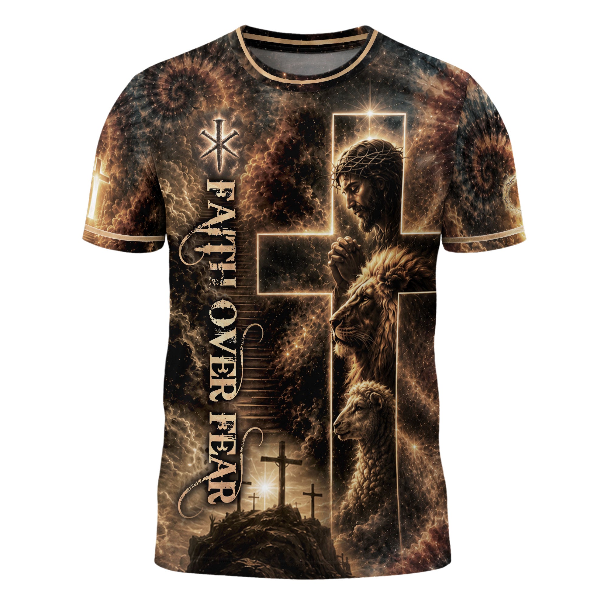 Jesus Lion Cross Faith Over Fear 3D Graphic Christian T Shirt Apparel Men Clothing