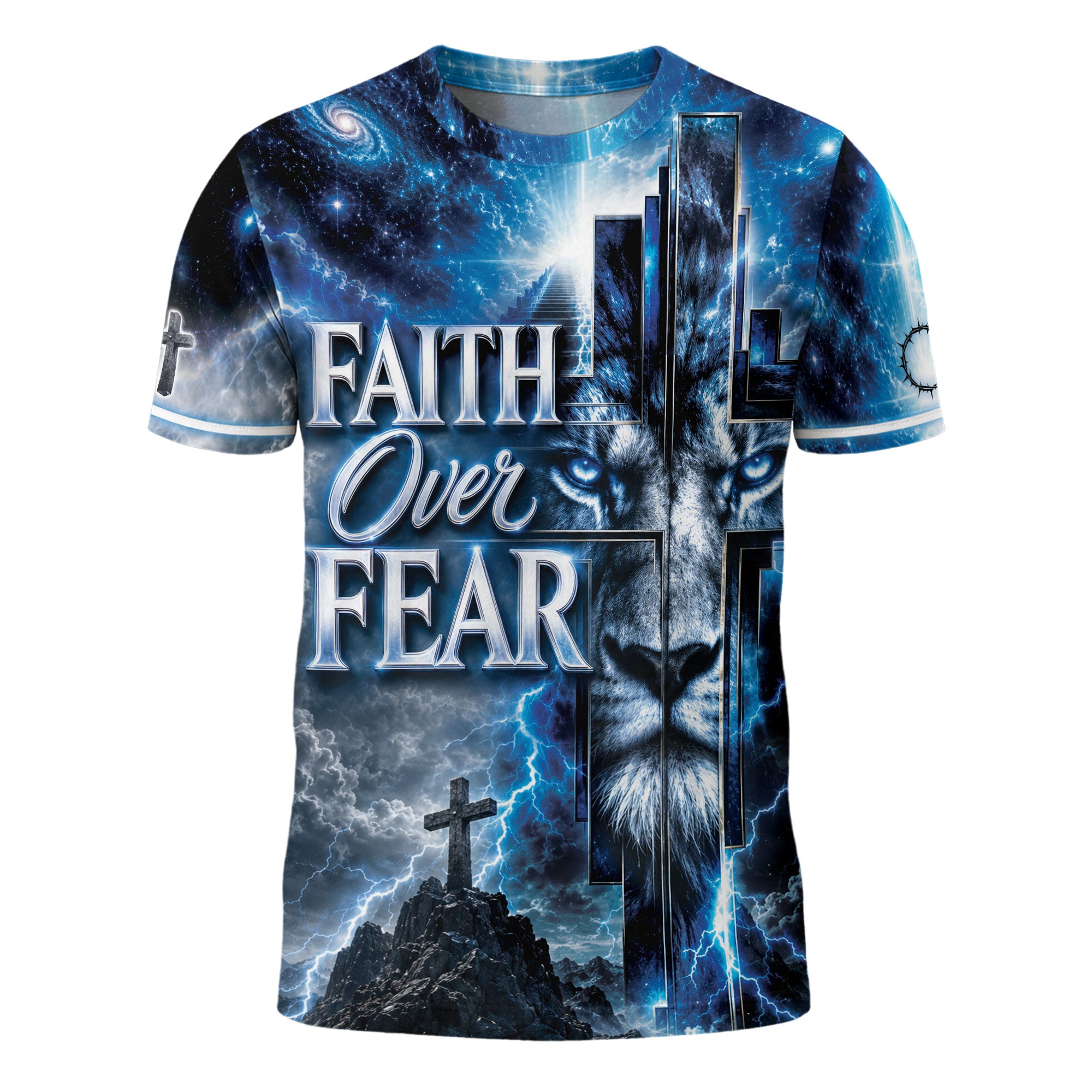 Faith Over Fear Lightning Lion Cross 3D Graphic Christian T Shirt Apparel Men Clothing