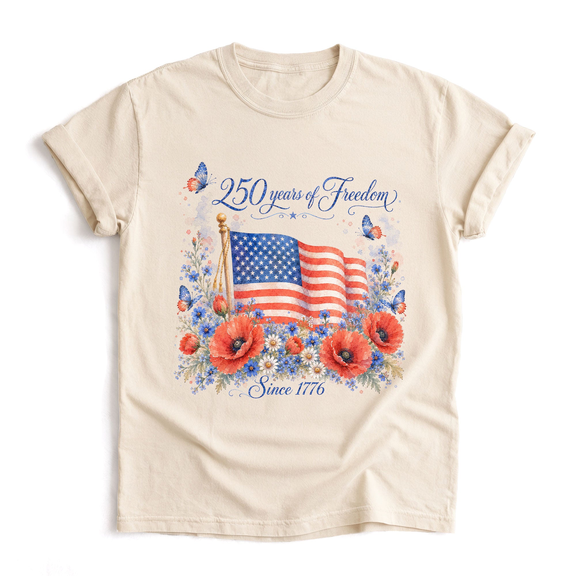 250 Years of Freedom T-Shirt 1776 US Flag Floral Patriotic Women Oversized Graphic Tee