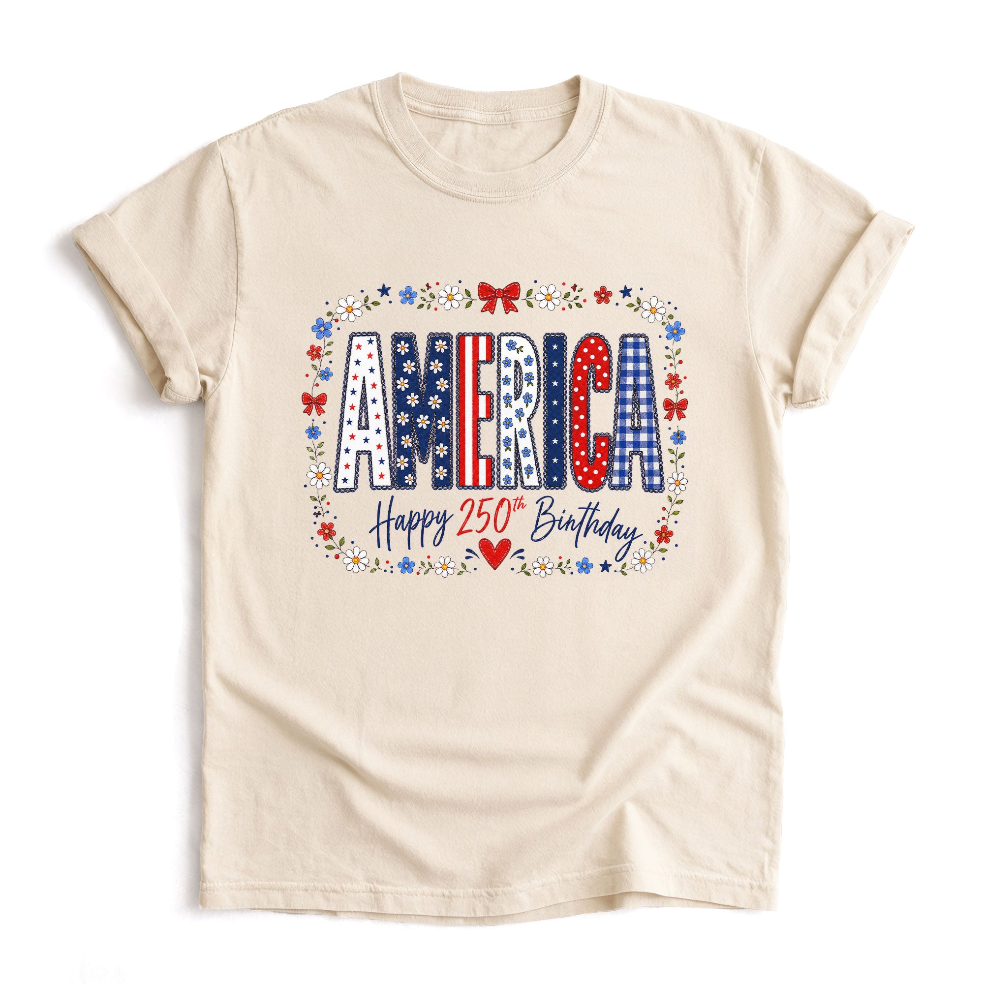 Happy 250th Birthday T-Shirt Patriotic Floral America Graphic Tee Fourth of July