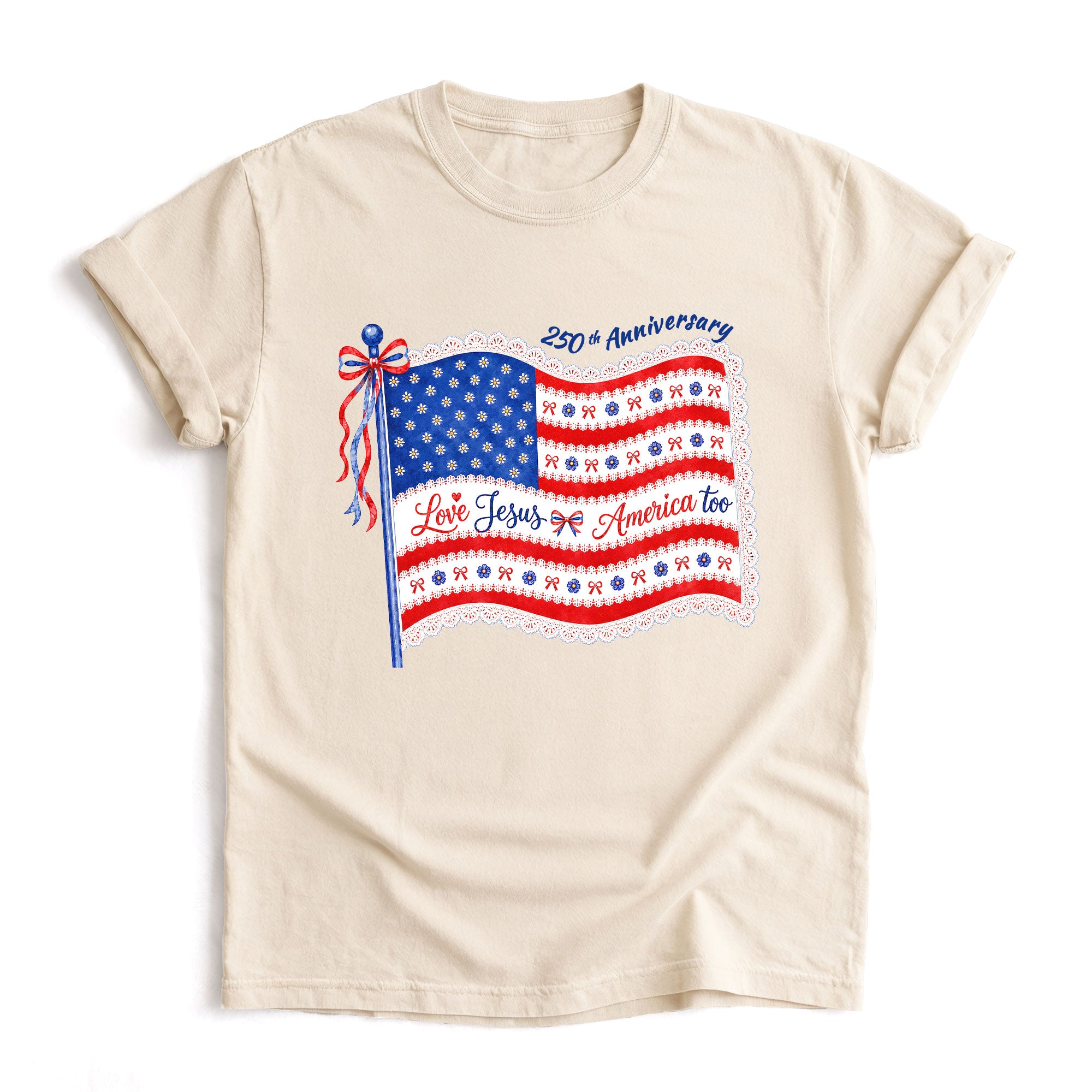 Love Jesus and America Too T-Shirt 250th Anniversary US Flag Floral Women Graphic Tee