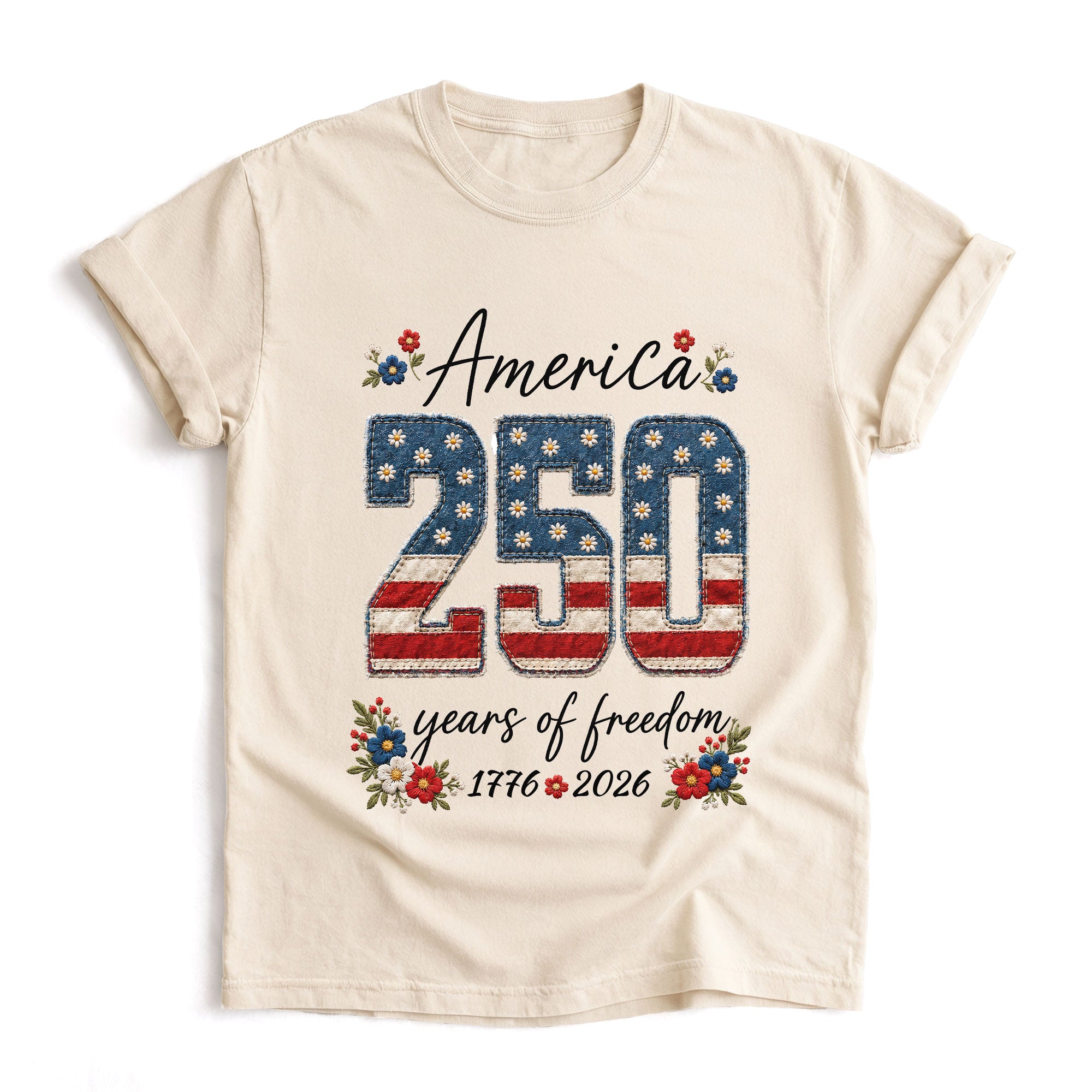 America 250 Years of Freedom T-Shirt 1776 2026 US Flag Floral Patriotic Women Tee
