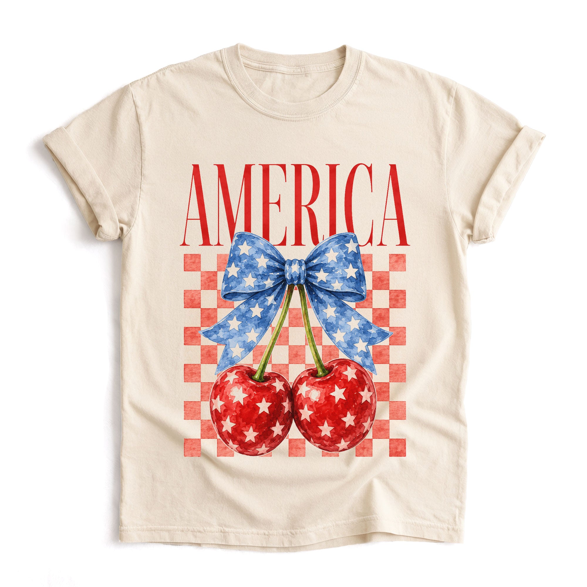 America Cherry Graphic T-Shirt Cute Patriotic Stars Bow Vintage Aesthetic Tee