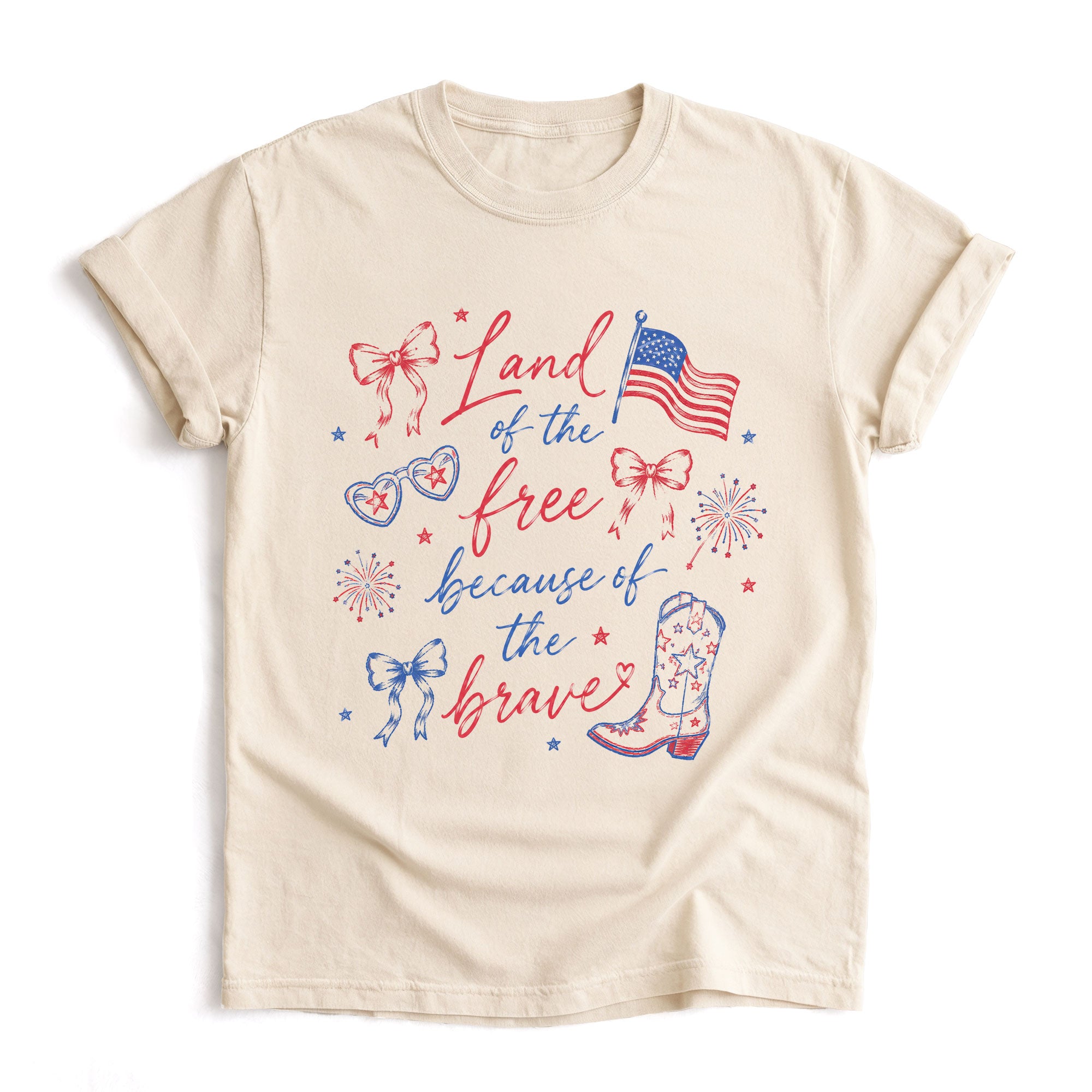 Land Of The Free Because Of The Brave T-Shirt Patriotic Cowgirl Boots Graphic Tee