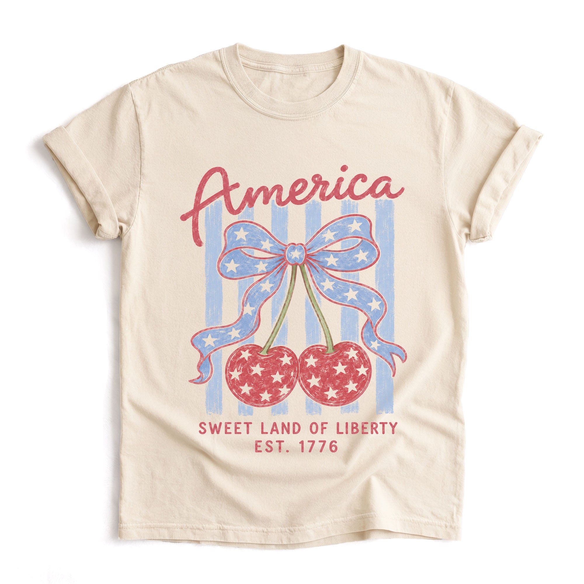 America Sweet Land Of Liberty T-Shirt Vintage Patriotic Cherry Stars Bow Graphic Tee