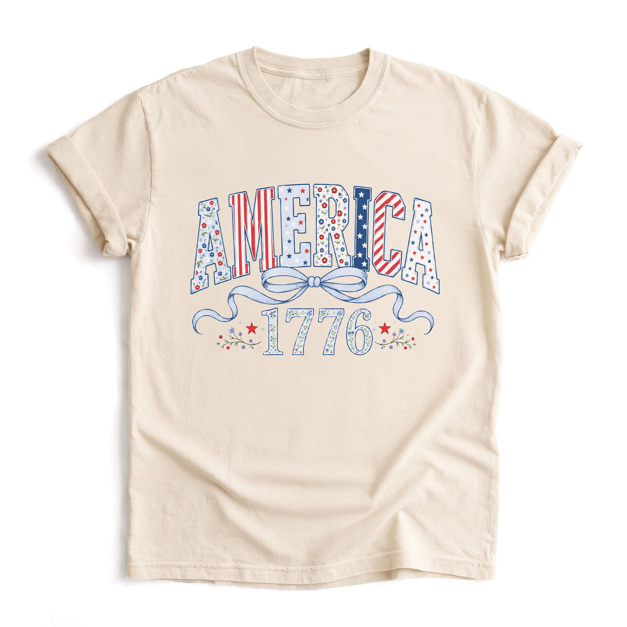 America 1776 Floral T-Shirt Vintage Patriotic Coquette Bow Stars Graphic Tee