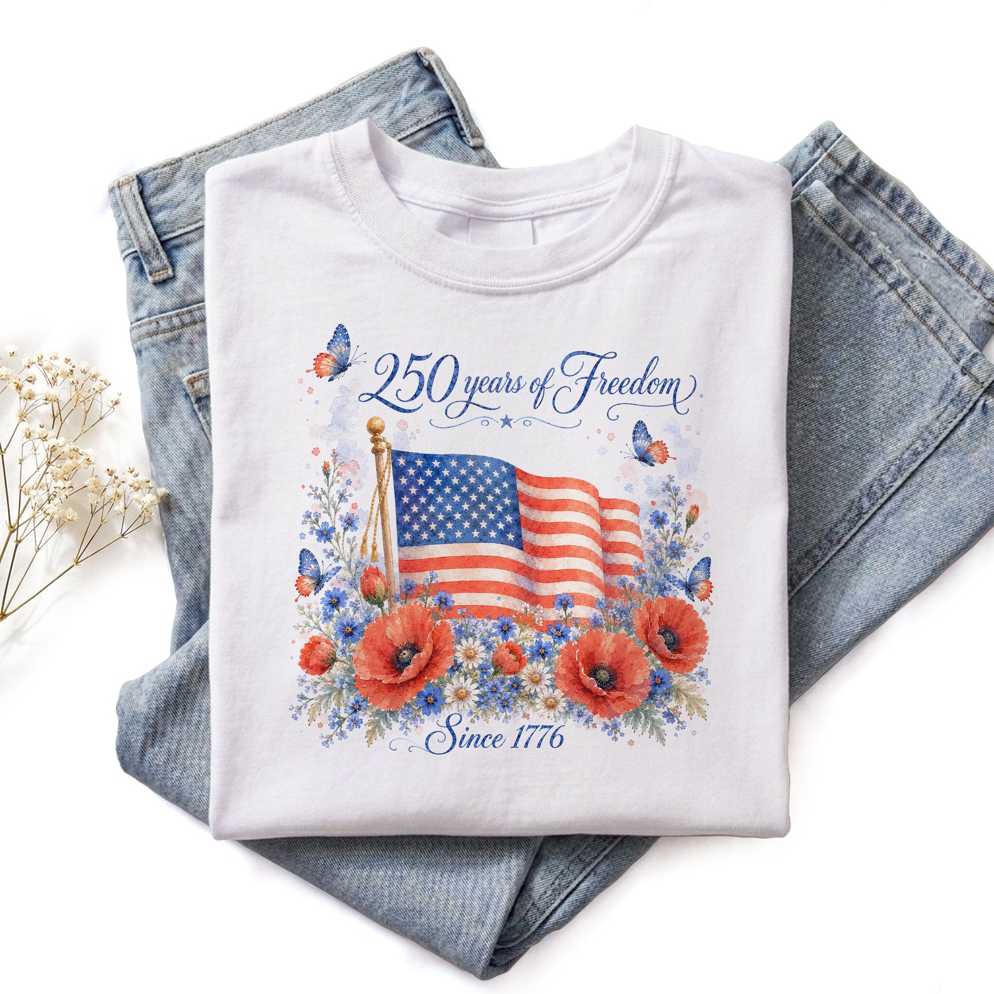250 Years of Freedom T-Shirt 1776 US Flag Floral Patriotic Women Oversized Graphic Tee