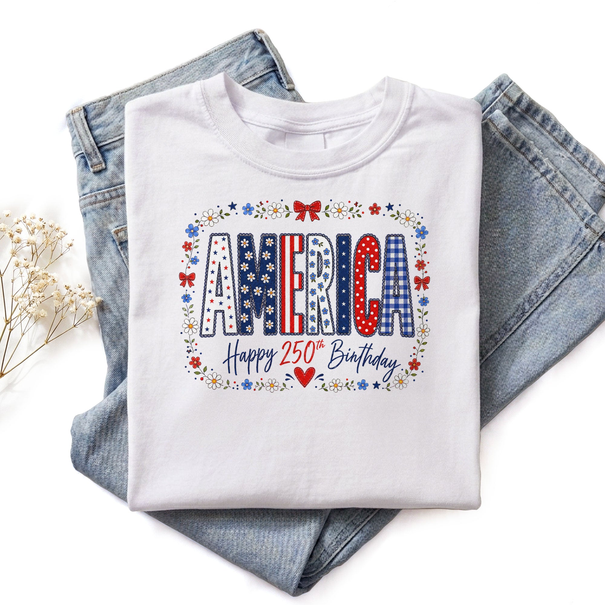 Happy 250th Birthday T-Shirt Patriotic Floral America Graphic Tee Fourth of July