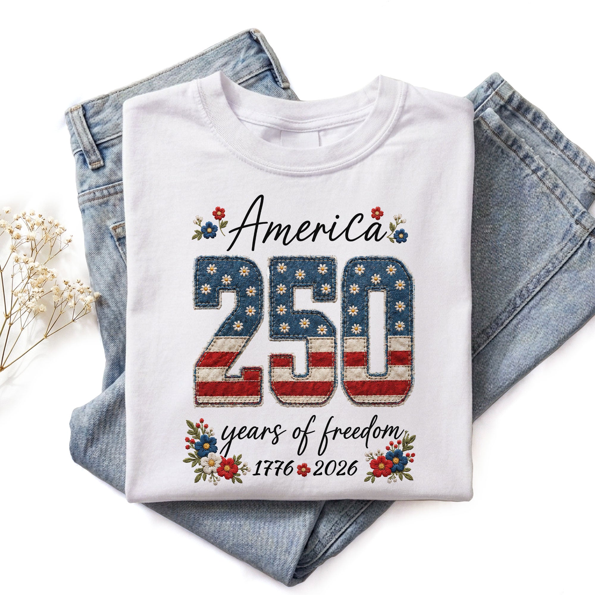 America 250 Years of Freedom T-Shirt 1776 2026 US Flag Floral Patriotic Women Tee