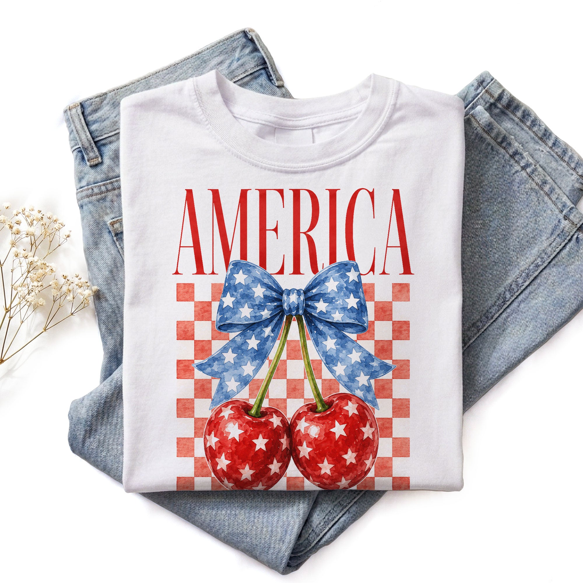 America Cherry Graphic T-Shirt Cute Patriotic Stars Bow Vintage Aesthetic Tee