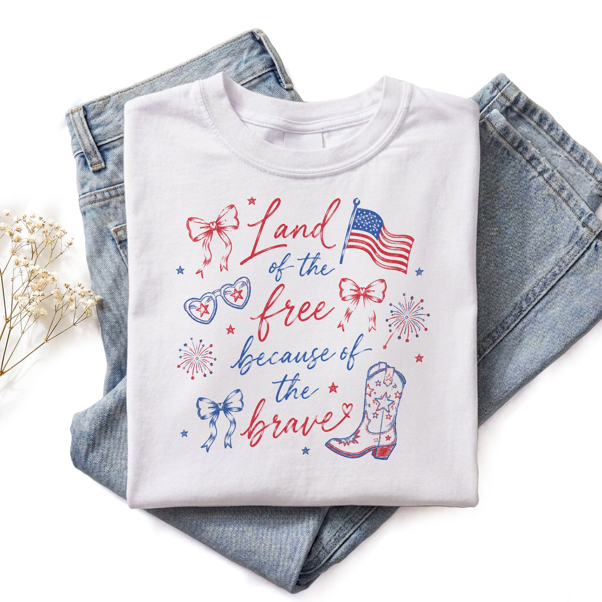 Land Of The Free Because Of The Brave T-Shirt Patriotic Cowgirl Boots Graphic Tee