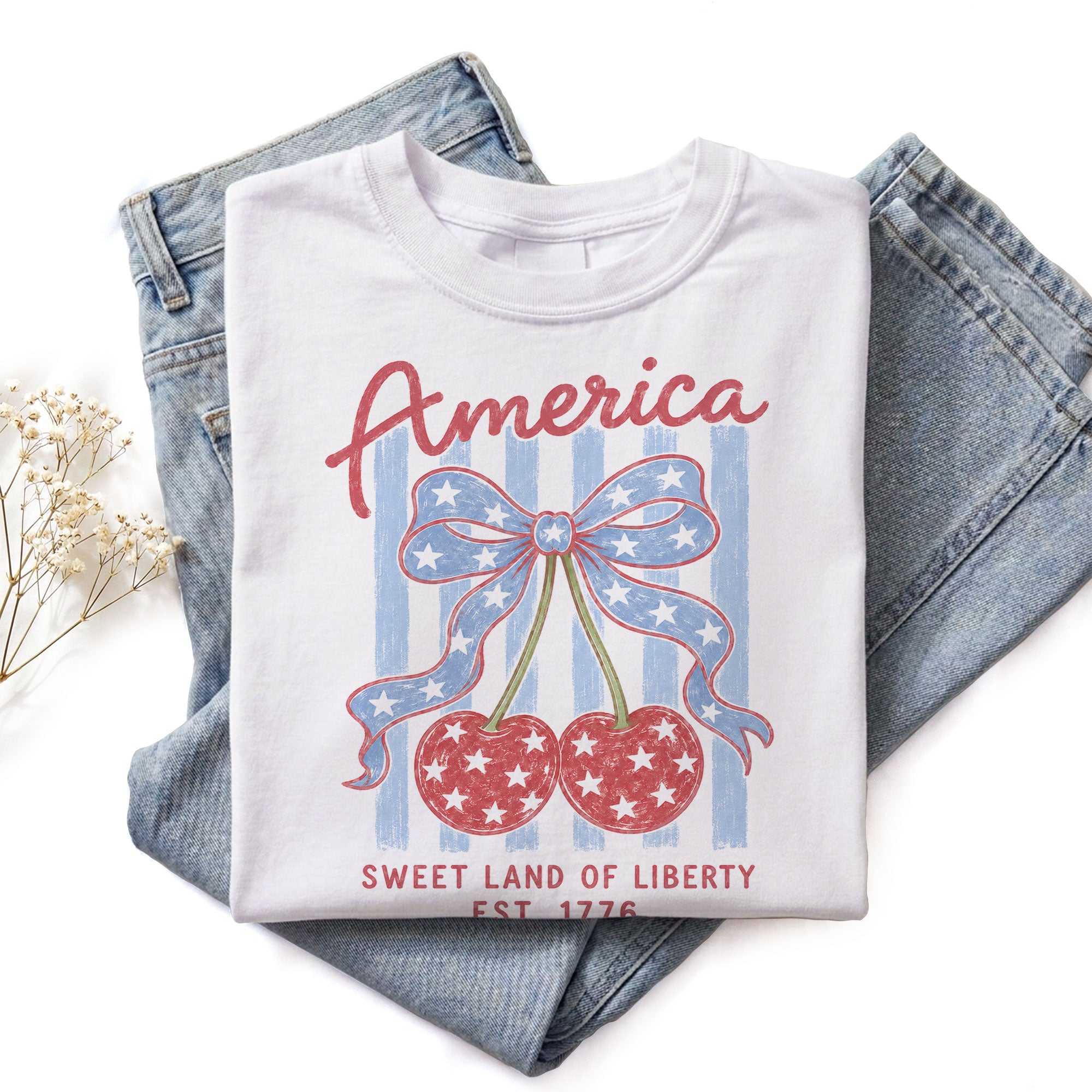 America Sweet Land Of Liberty T-Shirt Vintage Patriotic Cherry Stars Bow Graphic Tee