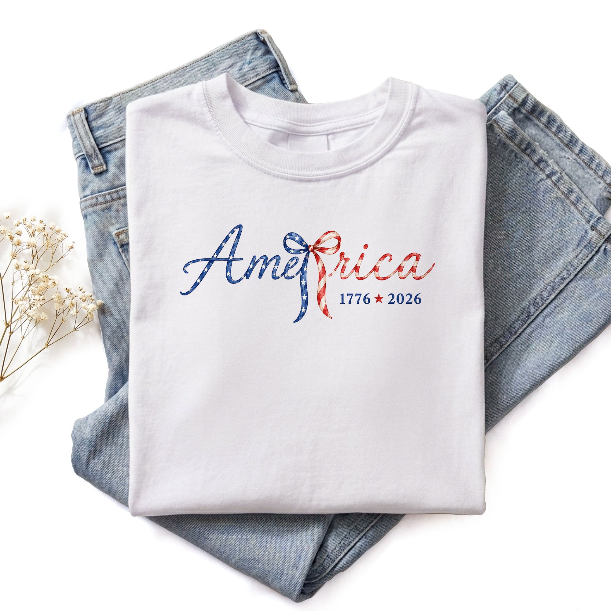 America 1776 2026 T-Shirt Cute Patriotic Stars Stripes Bow Graphic Aesthetic Tee