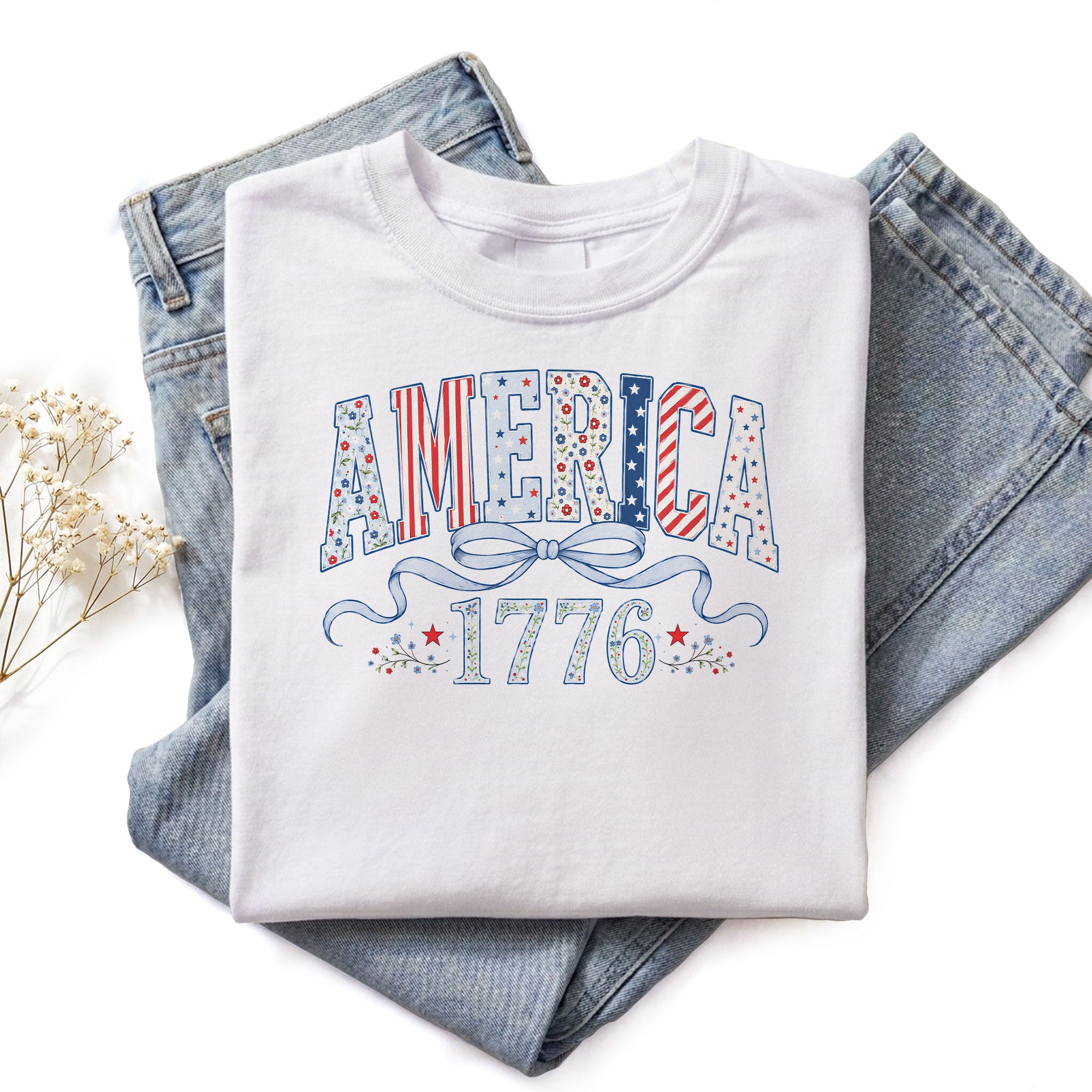 America 1776 Floral T-Shirt Vintage Patriotic Coquette Bow Stars Graphic Tee