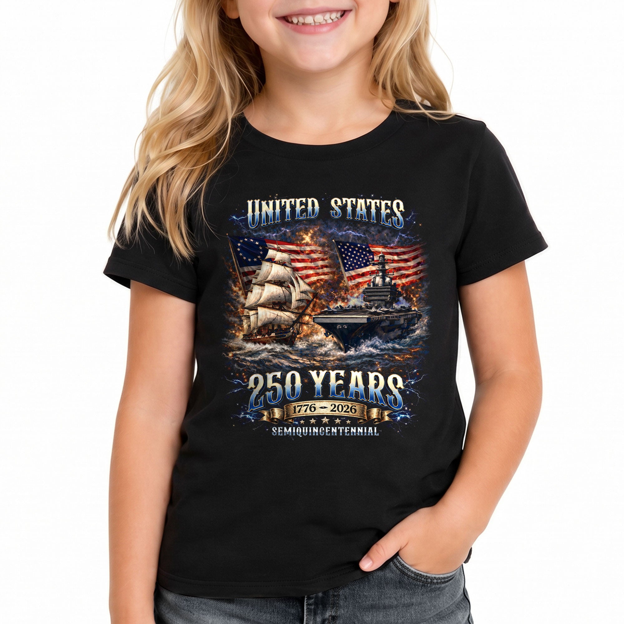 Kids United States 250 Years T-Shirt Patriotic Ship & Navy Heritage Tee 1776–2026