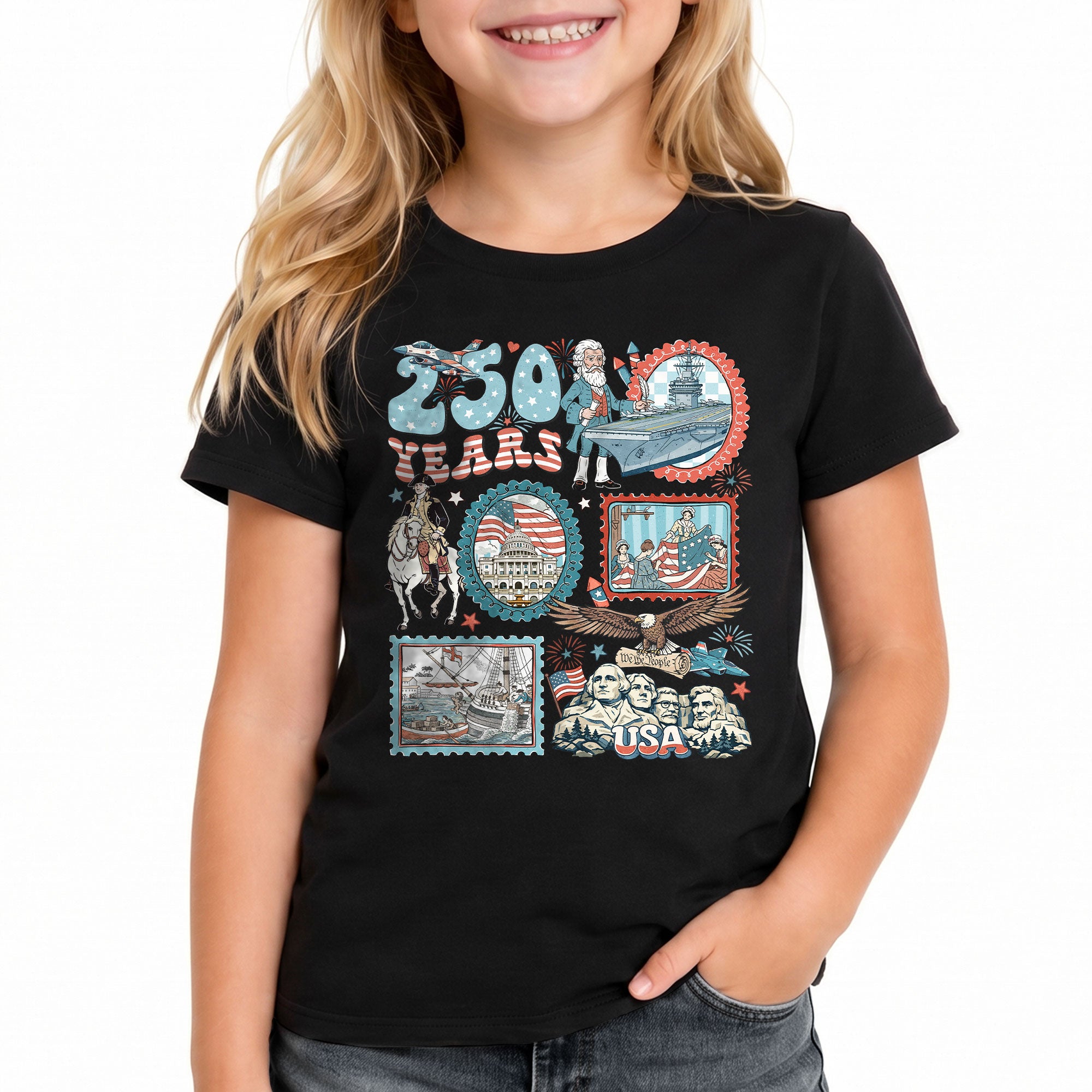 Kids T Shirt 1776-2026 Patriotic 250 Years History Mount Rushmore Independence Day Tee