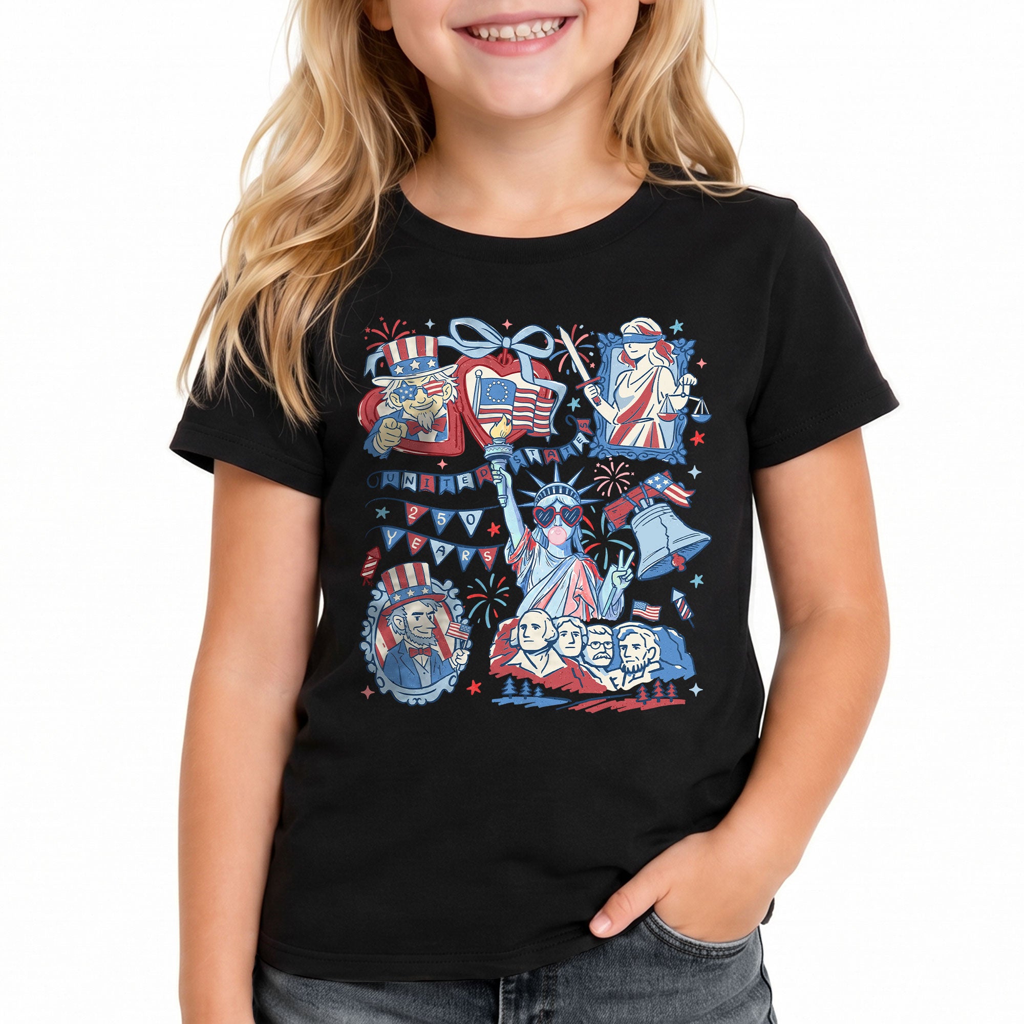 Kids Shirt 1776-2026 250th Anniversary Patriotic United States Mount Rushmore Doodle Tee
