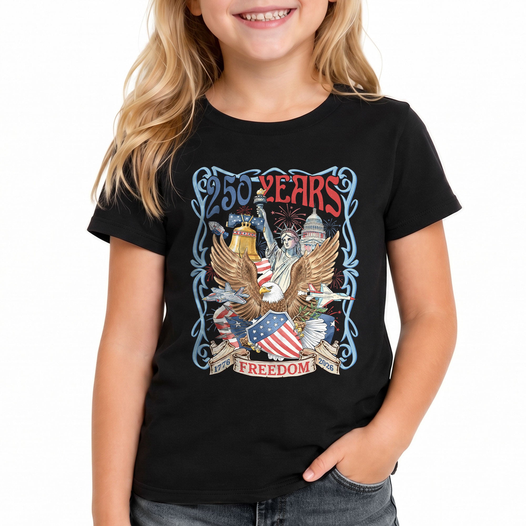 Kids T Shirt 1776-2026 Patriotic 250 Years Freedom Eagle Shield Independence Day Tee