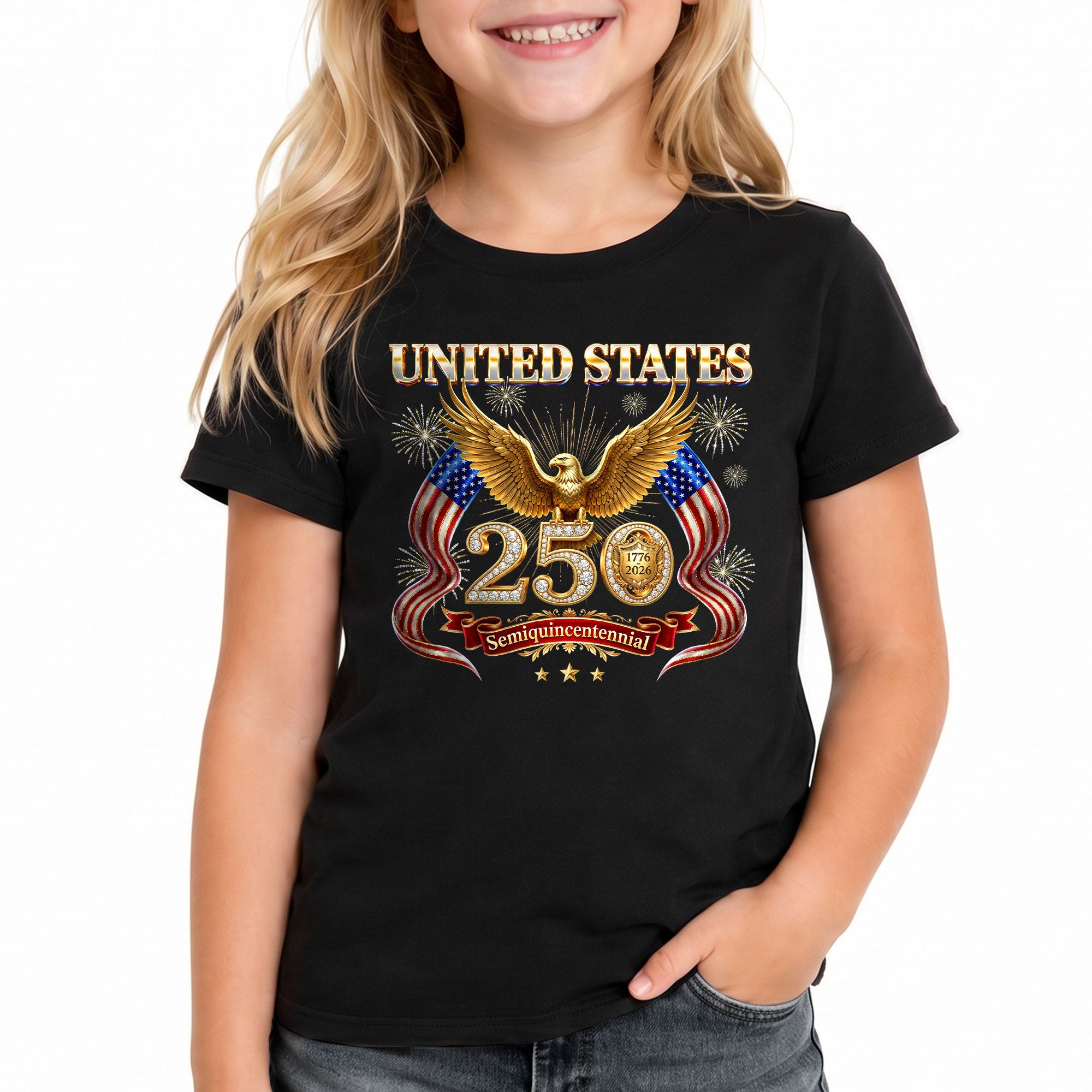 250 Years Kids T-Shirt Patriotic Golden Eagle Fireworks American Flag 1776-2026 Youth