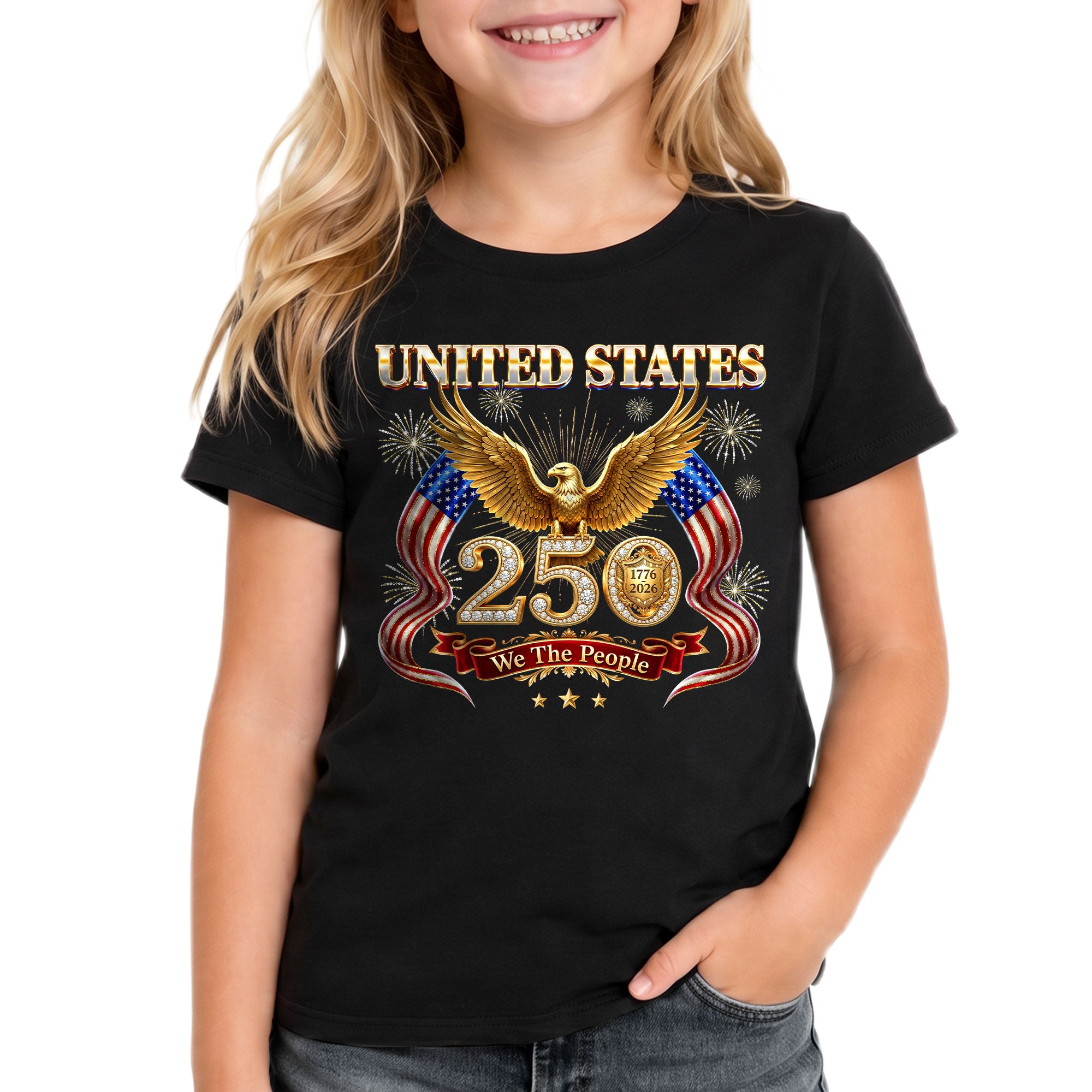 250 Years Kids T-Shirt Patriotic Golden Eagle Fireworks American Flag 1776-2026 Youth