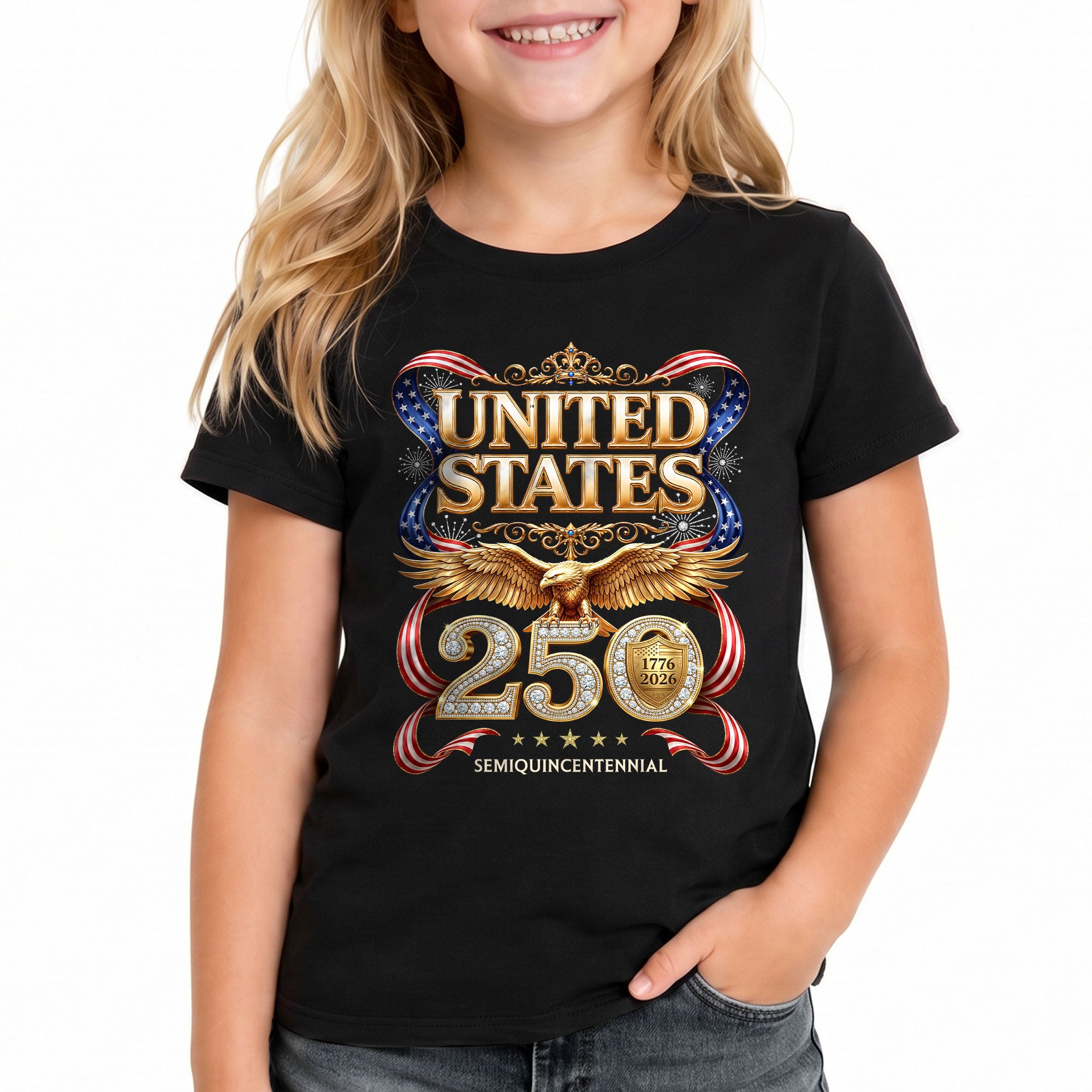 250 Years Kids T-Shirt Patriotic Golden Eagle United States American Flag Youth