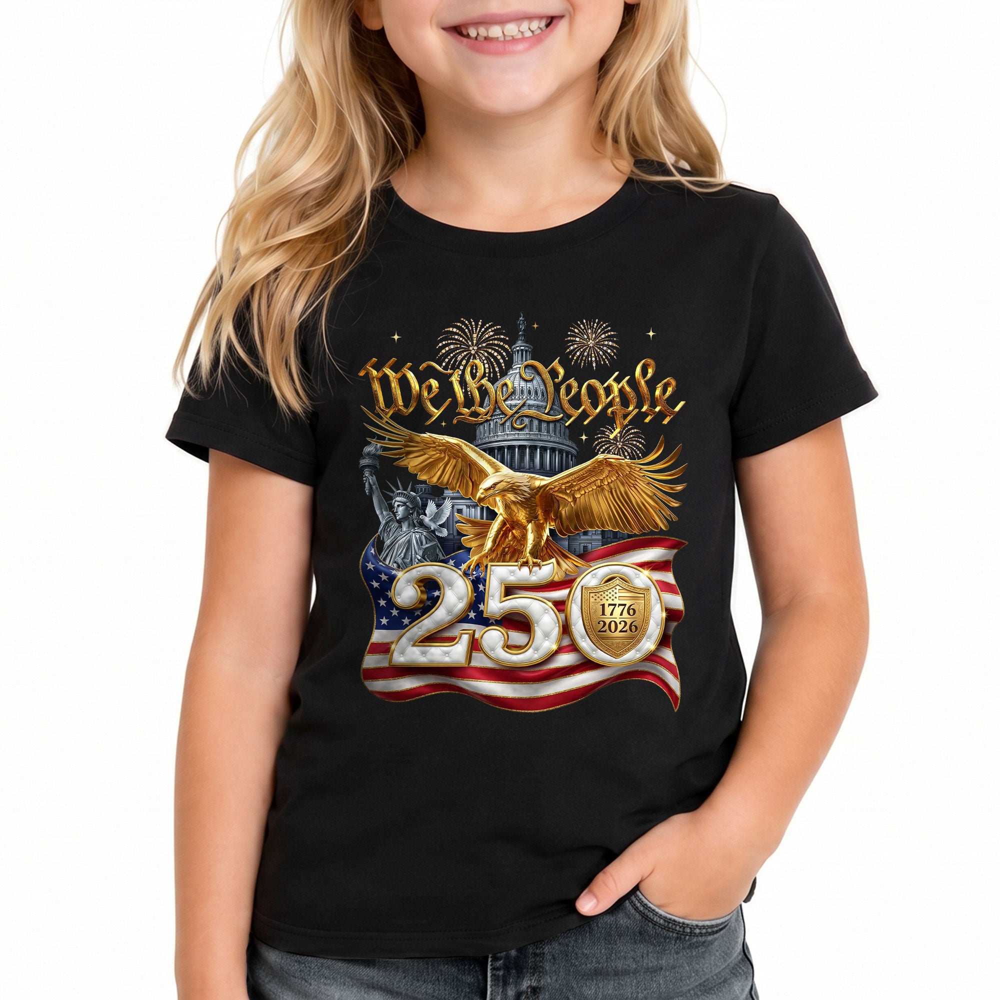 250 Years Kids T-Shirt We The People Patriotic Golden Eagle American Flag Youth Tee