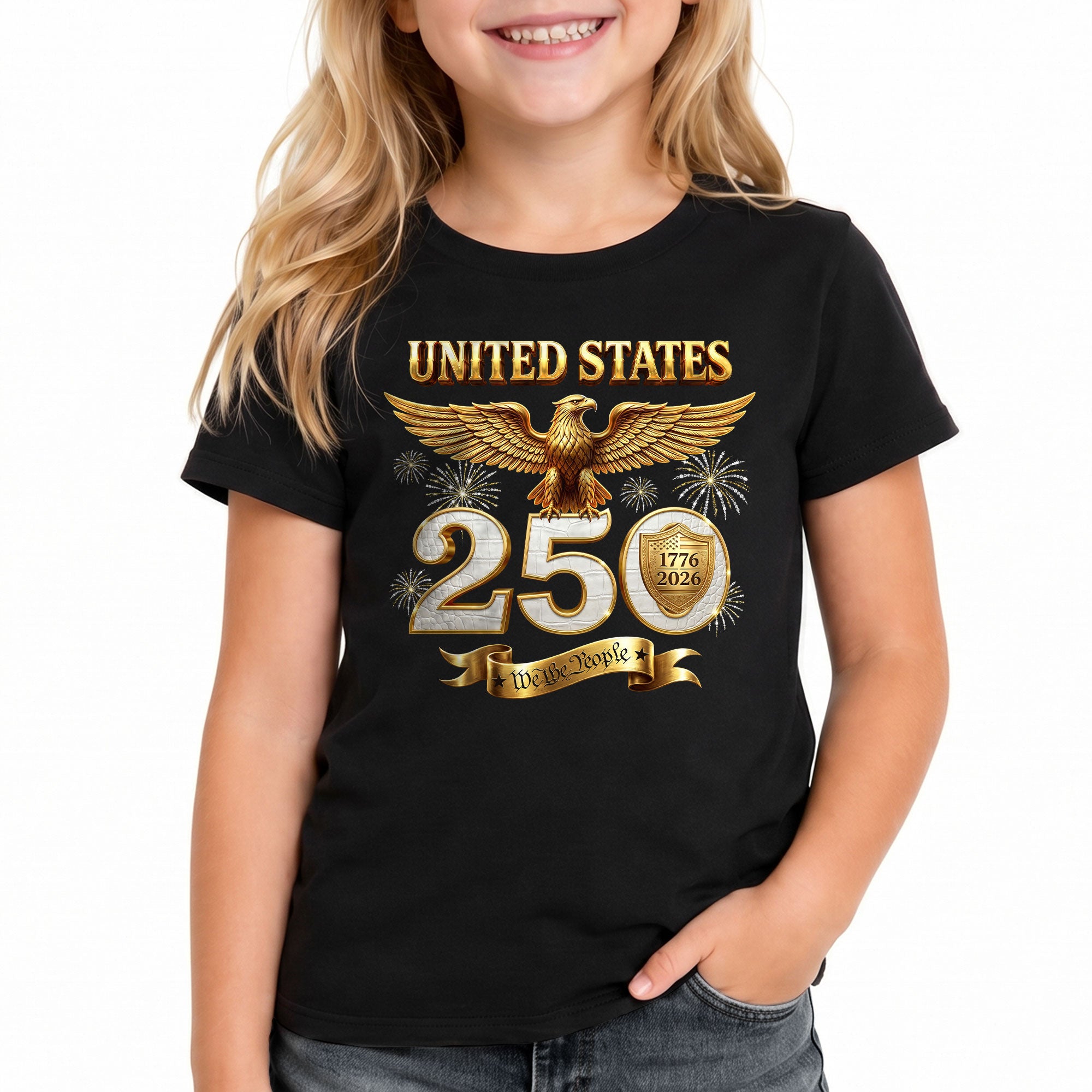 250 Years Kids T-Shirt We The People Patriotic Eagle Gold Shield 1776-2026 Youth Tee