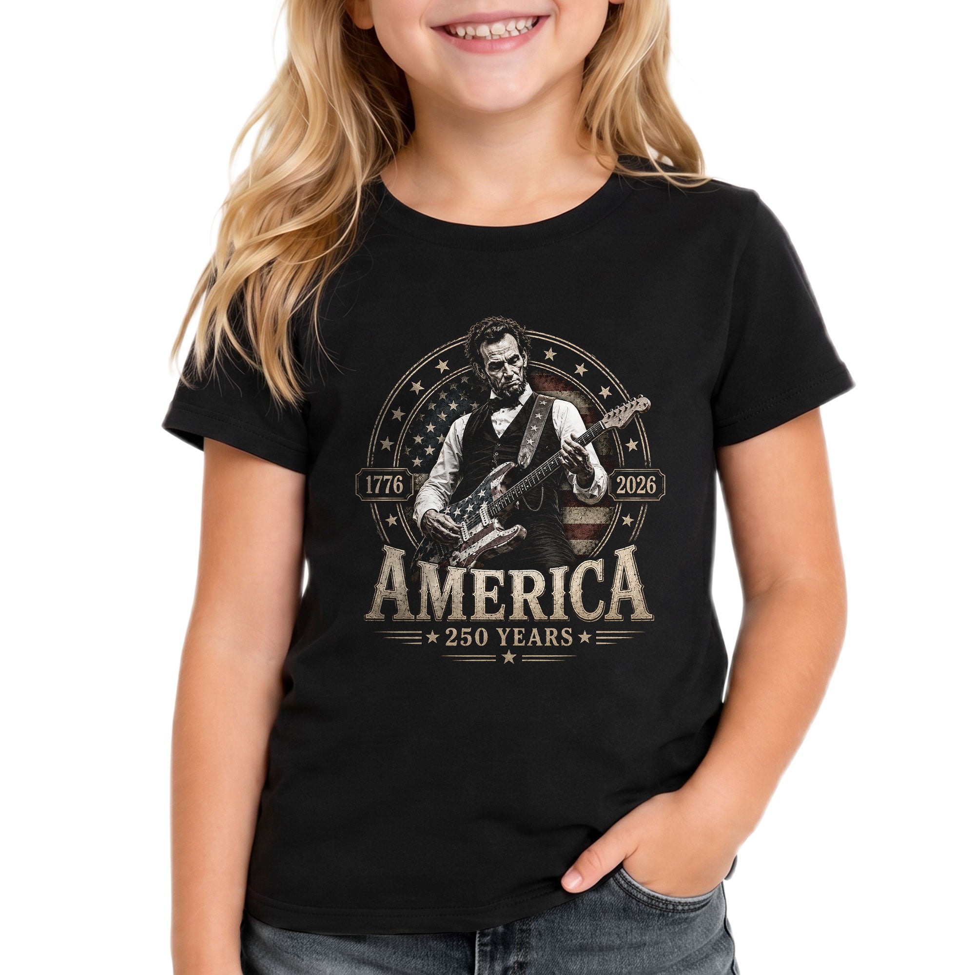Kids 250 Years Celebration Shirt Retro Round Flag Graphic Abraham Lincoln Rocker Tee