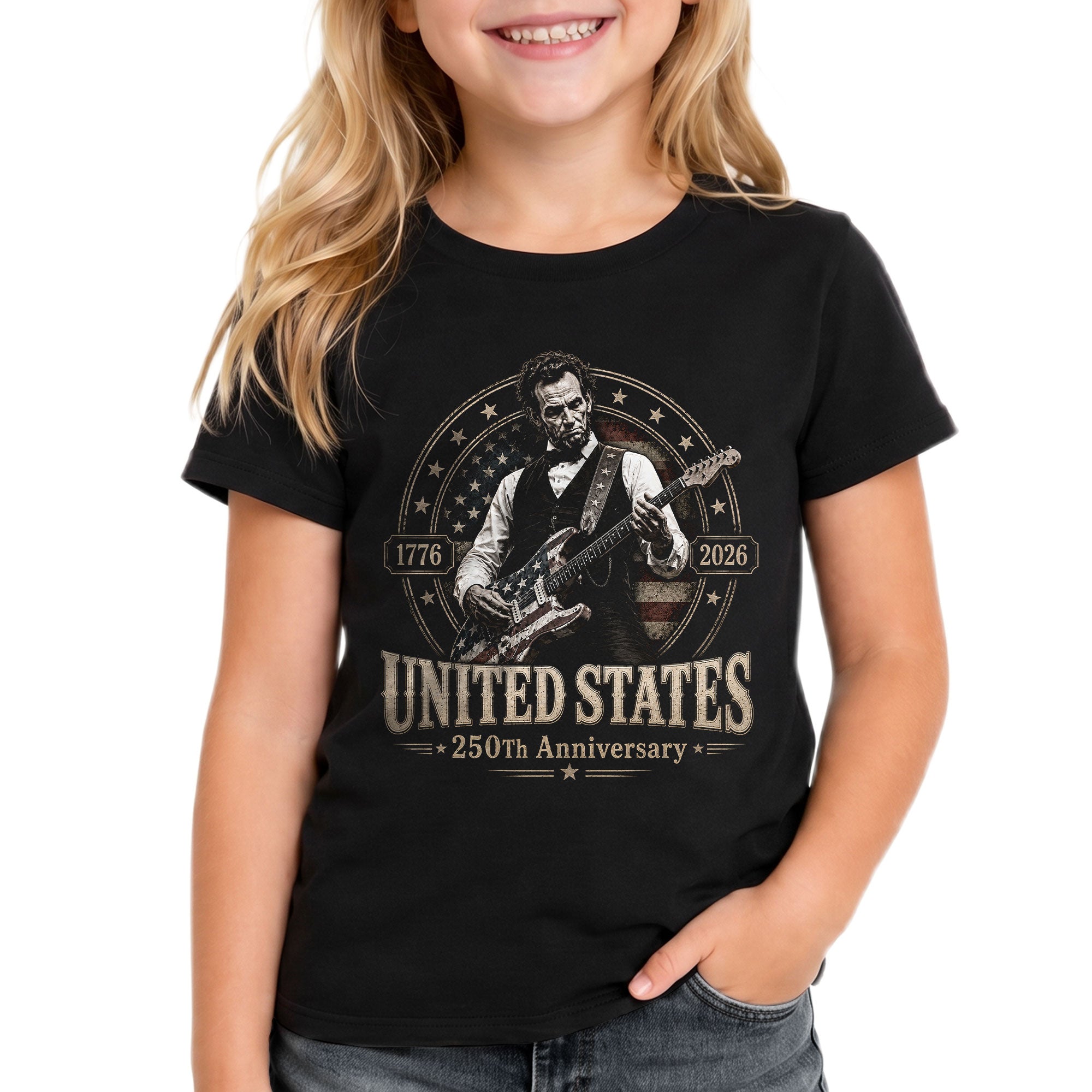 Kids 250 Years Celebration Shirt Retro Round Flag Graphic Abraham Lincoln Rocker Tee