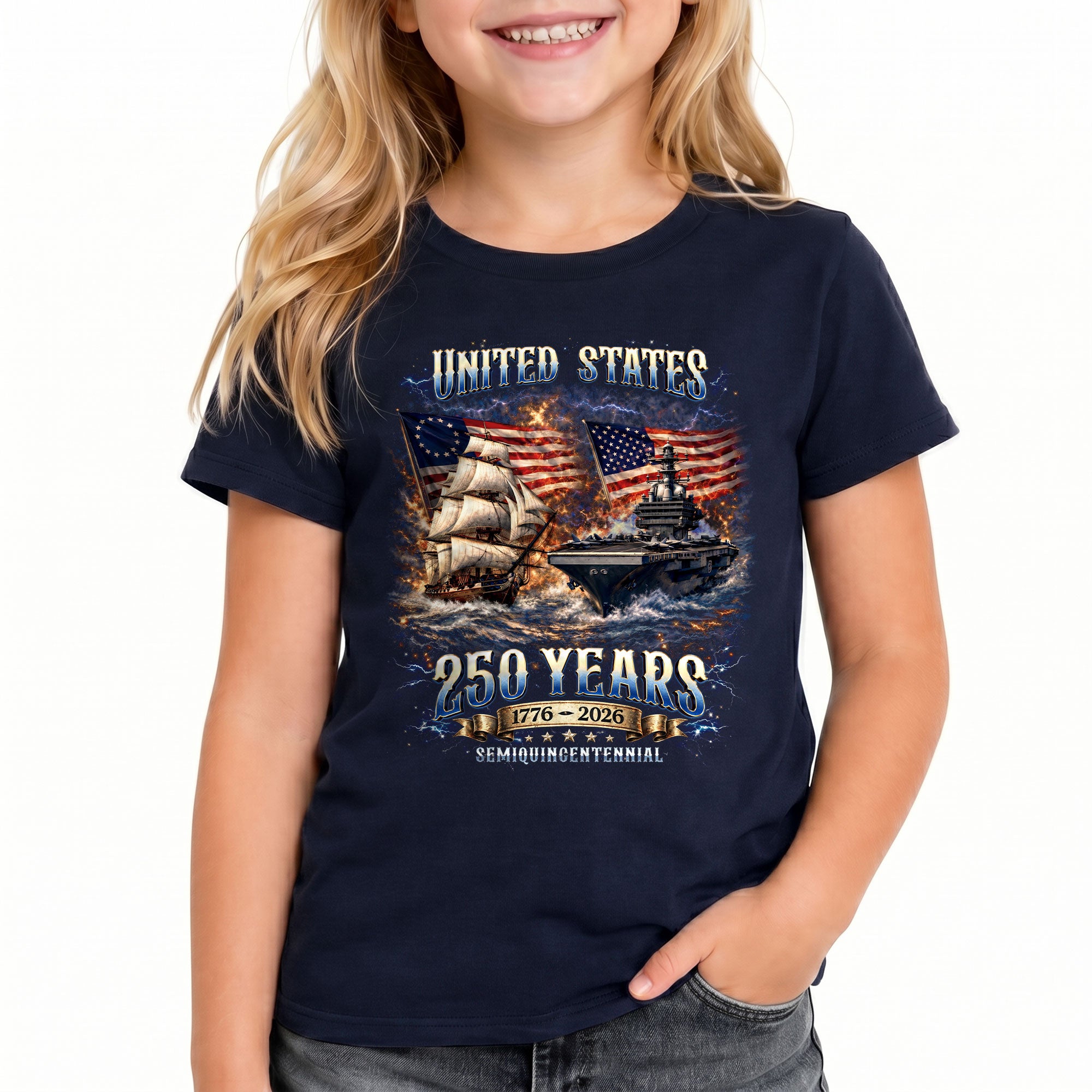 Kids United States 250 Years T-Shirt Patriotic Ship & Navy Heritage Tee 1776–2026