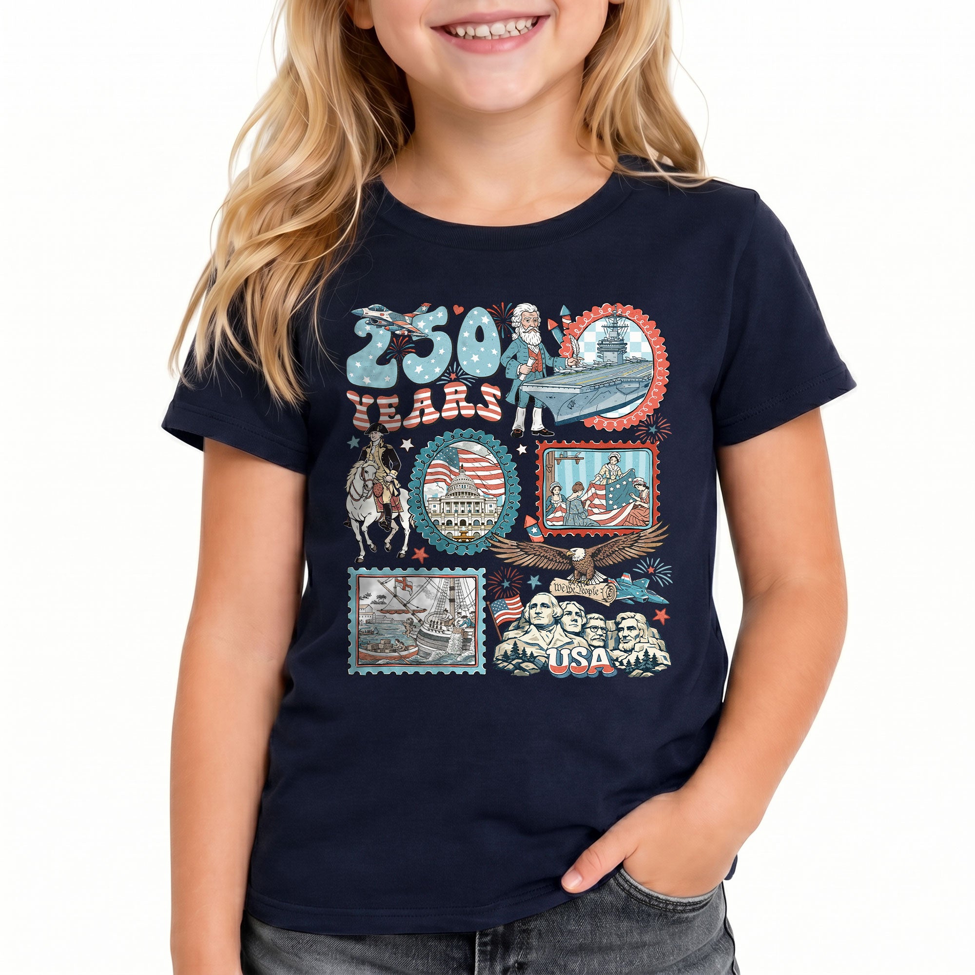 Kids T Shirt 1776-2026 Patriotic 250 Years History Mount Rushmore Independence Day Tee
