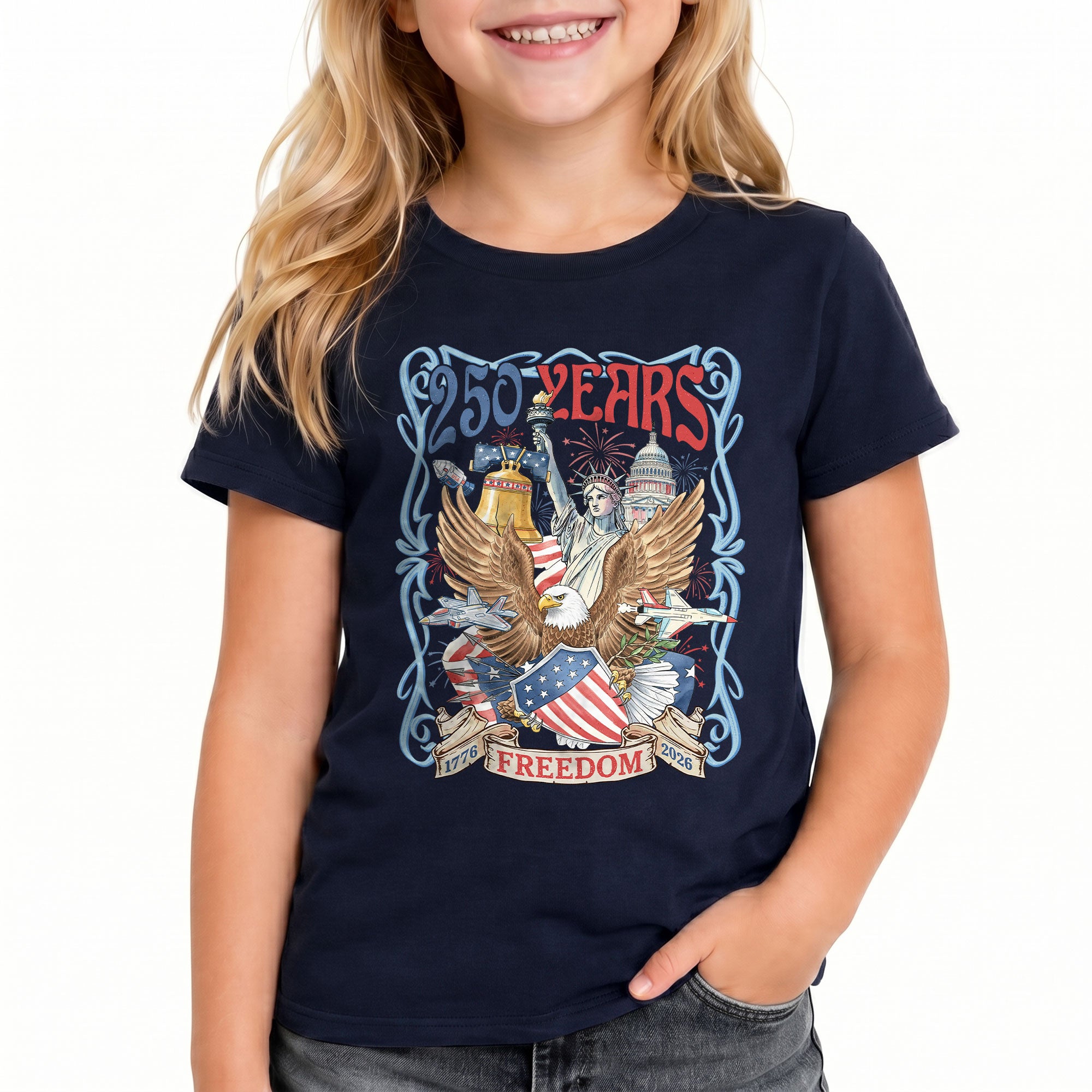 Kids T Shirt 1776-2026 Patriotic 250 Years Freedom Eagle Shield Independence Day Tee