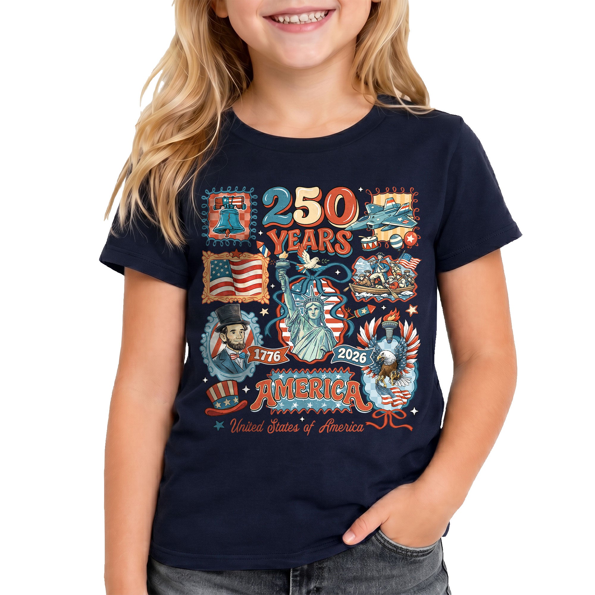 Kids T Shirt Patriotic 250 Years Eagle US Flag History 1776-2026 Independence Day Tee