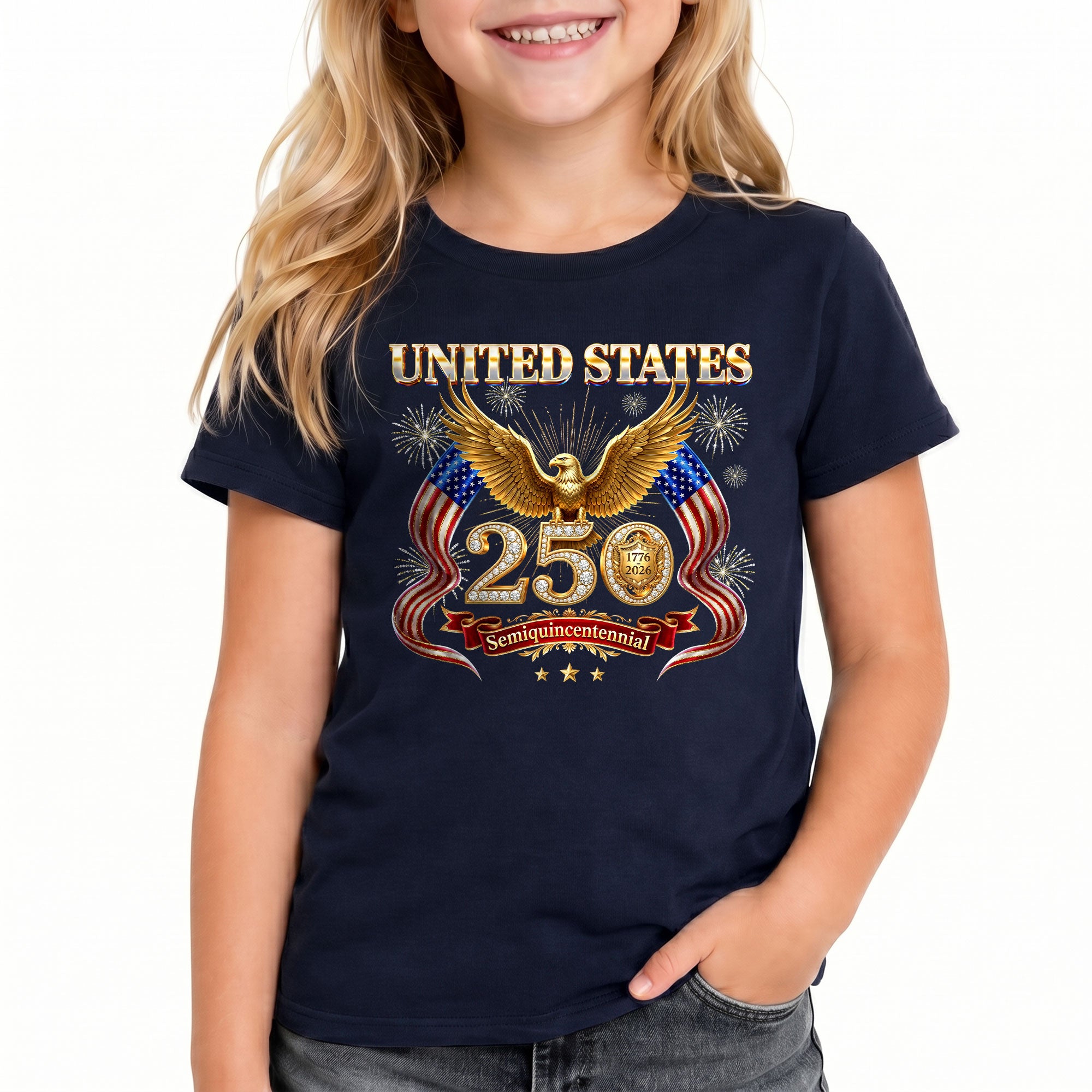 250 Years Kids T-Shirt Patriotic Golden Eagle Fireworks American Flag 1776-2026 Youth