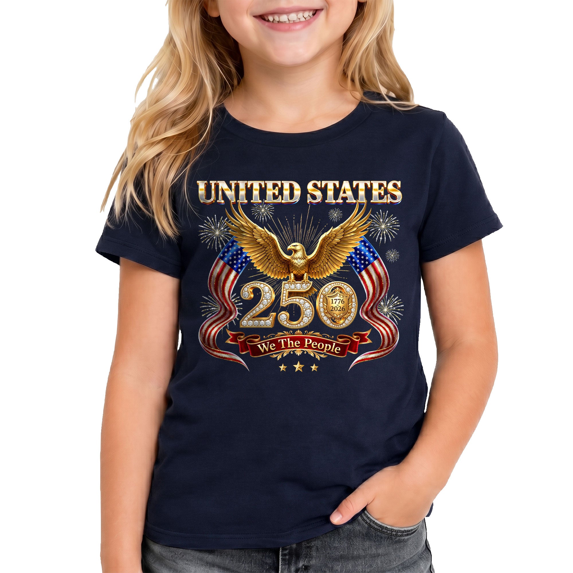 250 Years Kids T-Shirt Patriotic Golden Eagle Fireworks American Flag 1776-2026 Youth