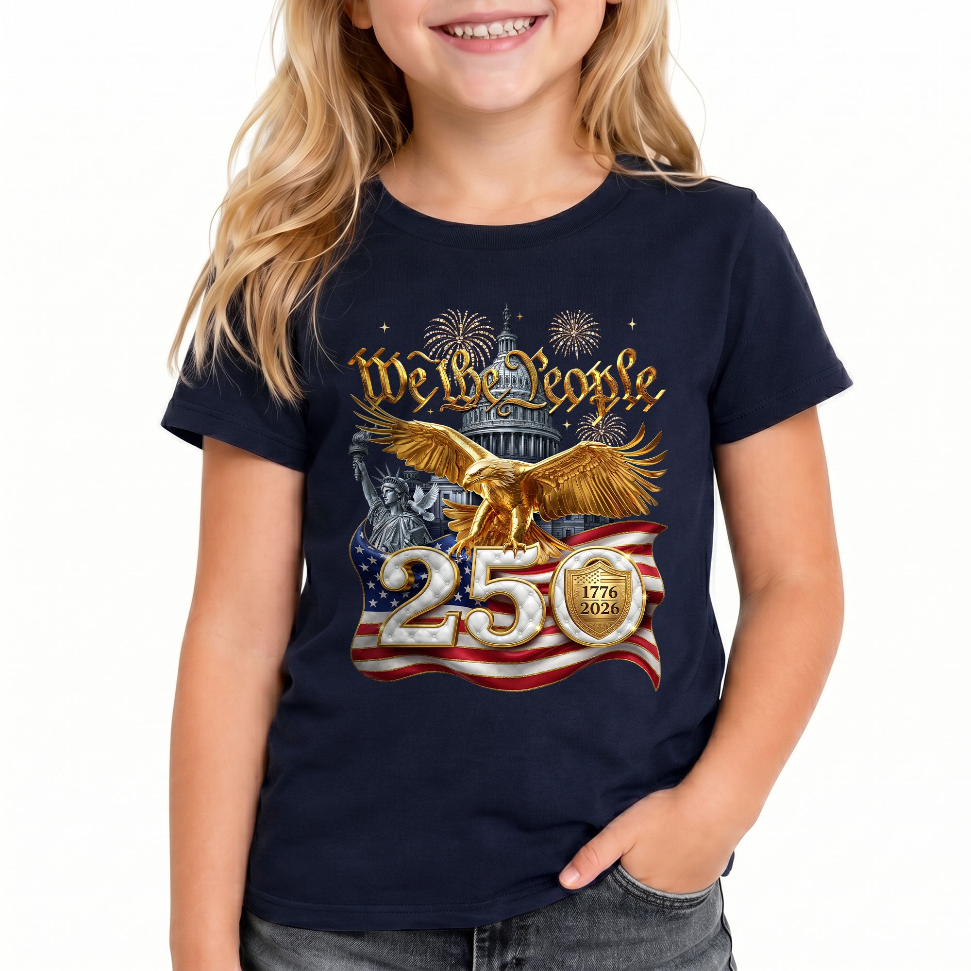 250 Years Kids T-Shirt We The People Patriotic Golden Eagle American Flag Youth Tee