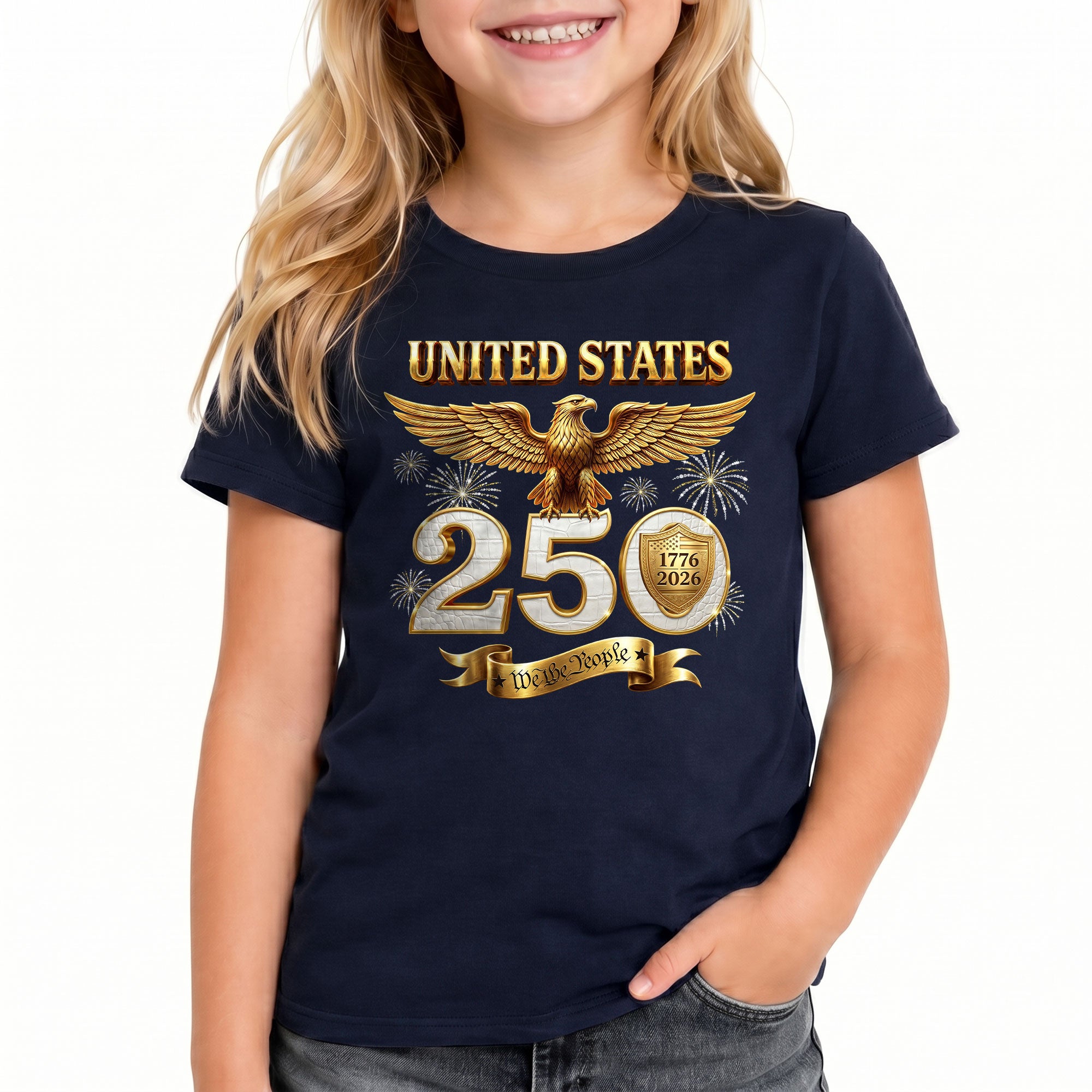 250 Years Kids T-Shirt We The People Patriotic Eagle Gold Shield 1776-2026 Youth Tee