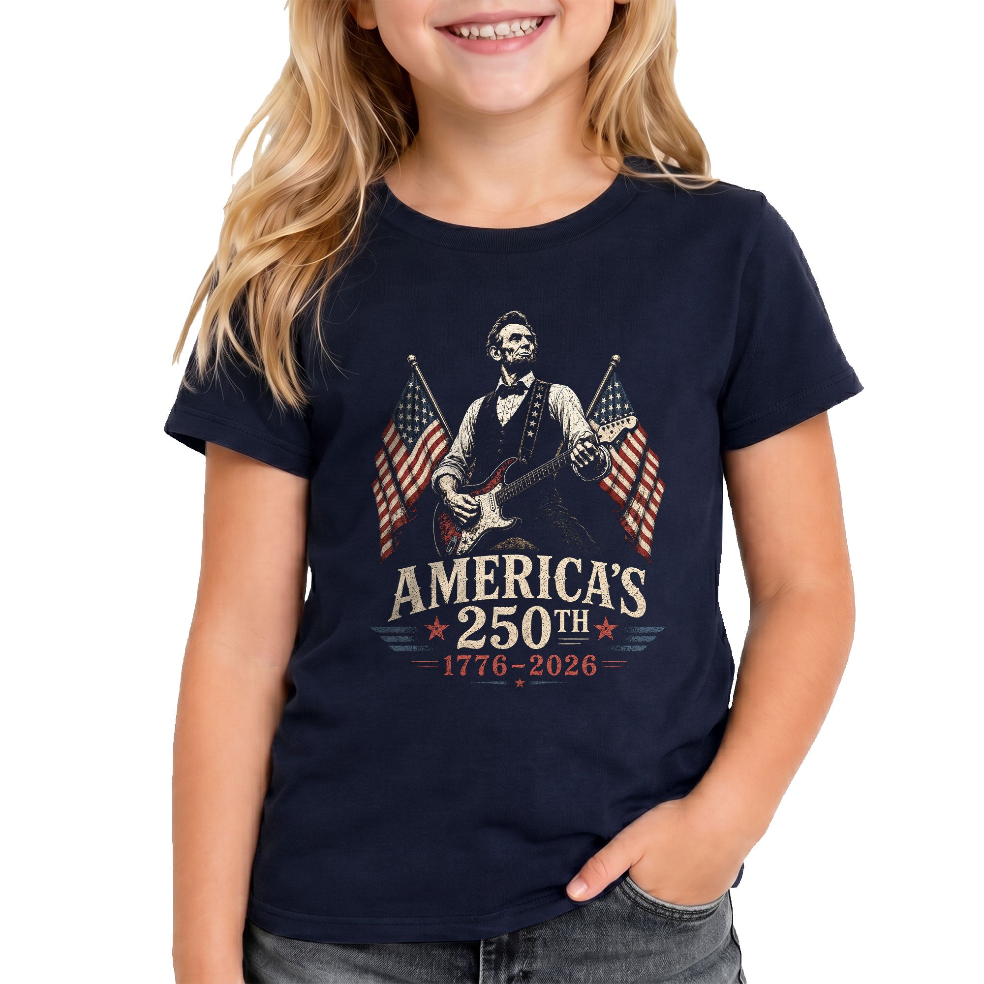 250th Patriotic Kids T Shirt Retro Abraham Lincoln Playing Guitar Flag Tee