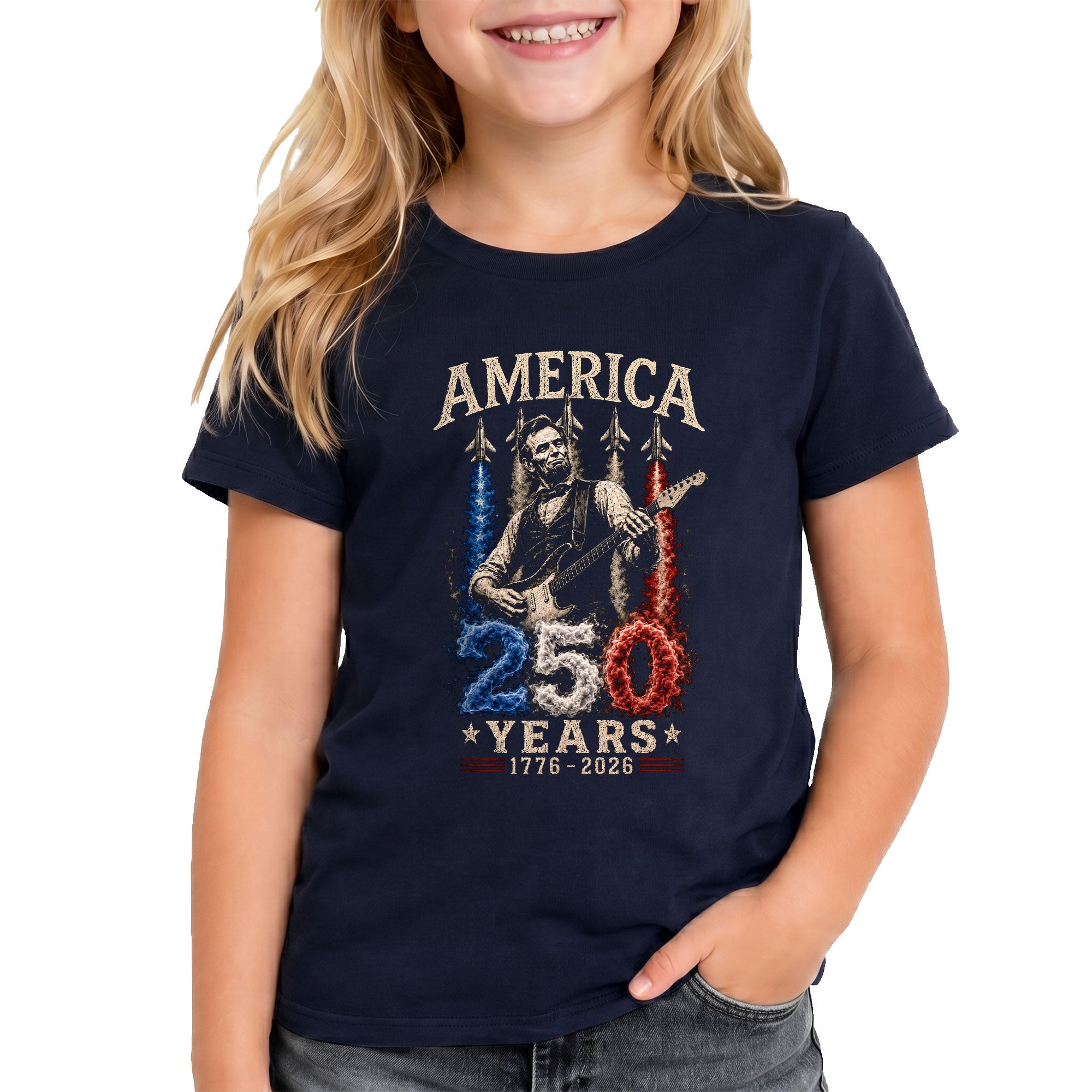 Kids 250 Years Celebration Shirt Vintage Abraham Lincoln Rocker Jet Graphic Tee