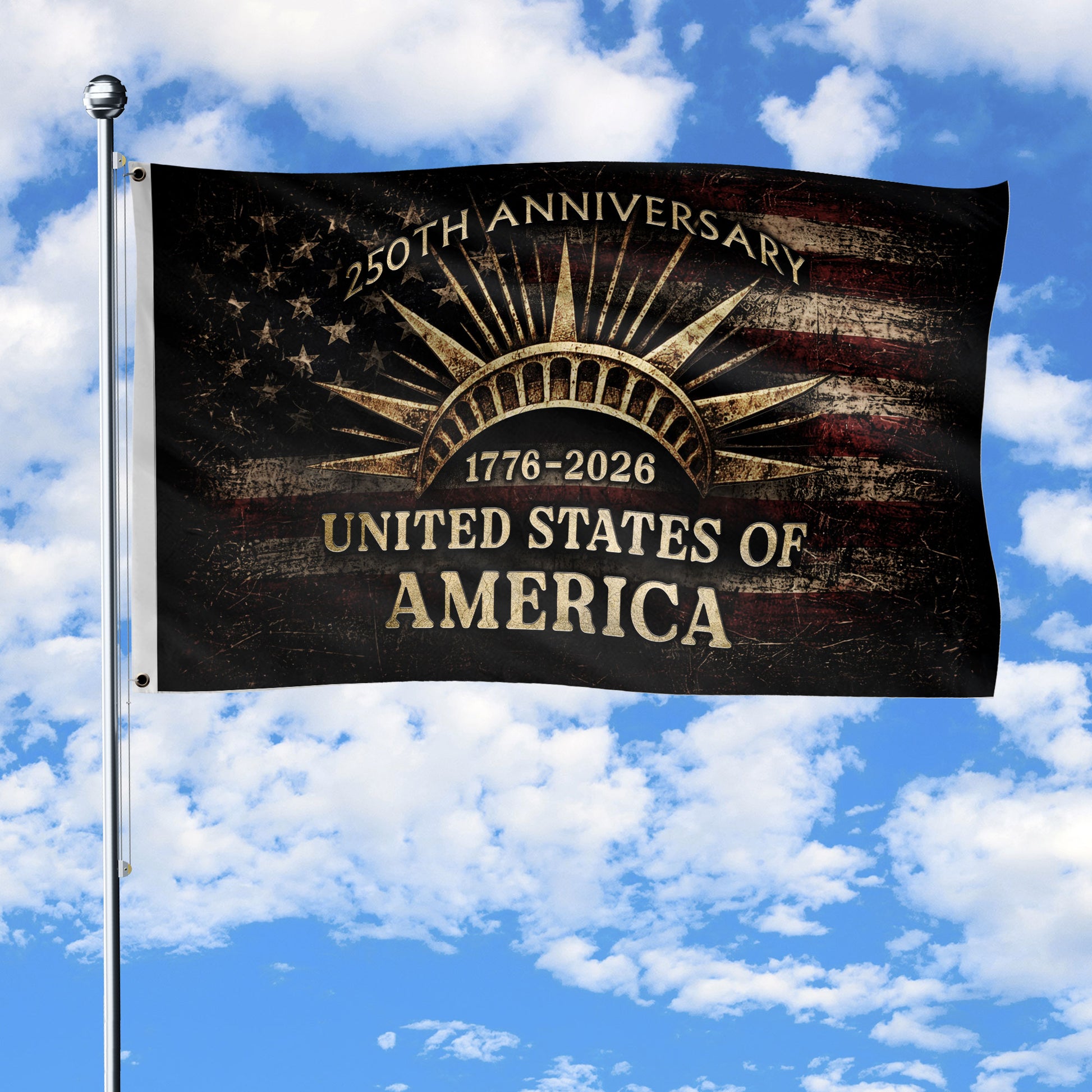 USA 250th Anniversary Flag 1776–2026 – Vintage American Flag with Liberty Crown Design - Rust Field Wear