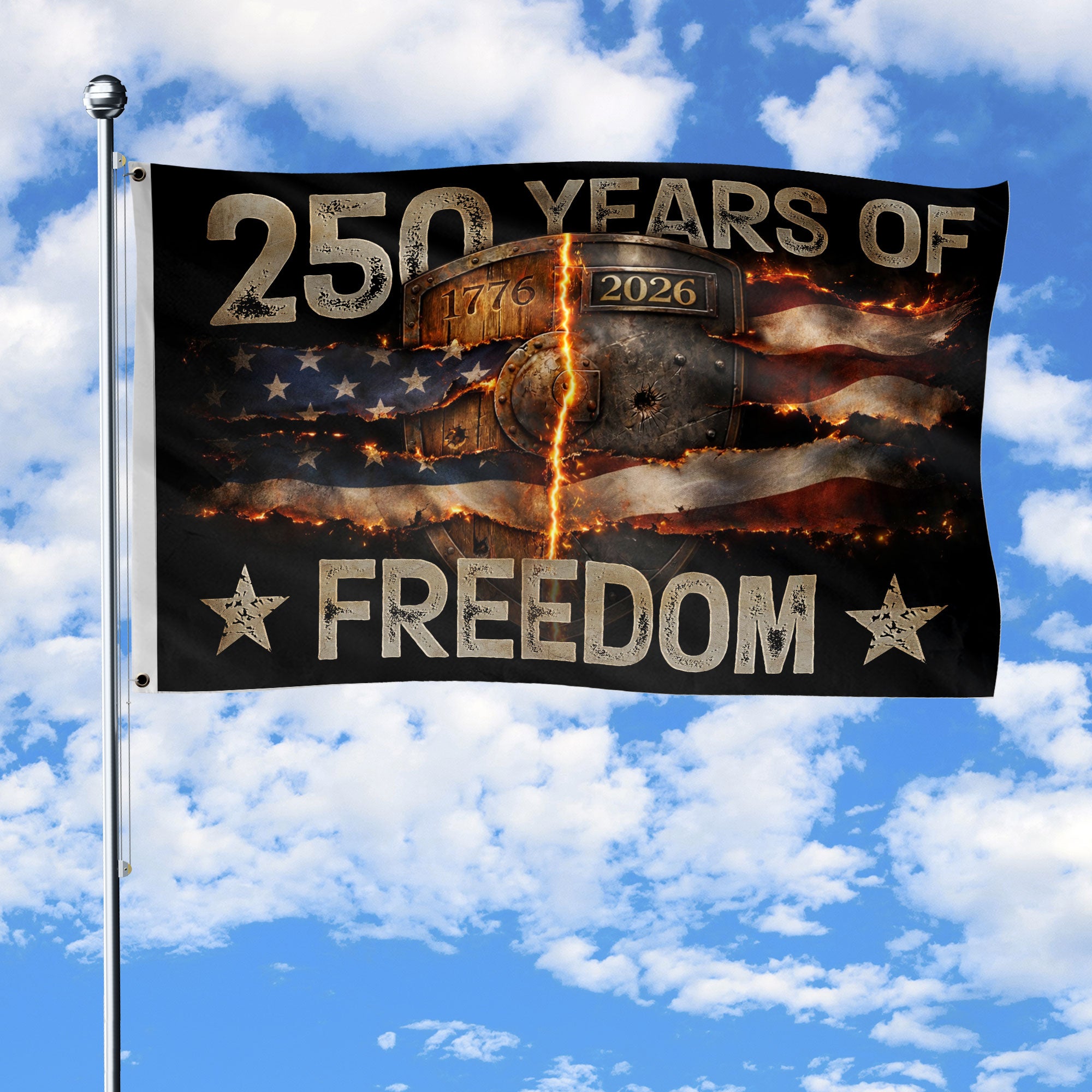 USA 250th Anniversary Flag 250 Years of Freedom 1776-2026 Burning Metal Shield Patriotic