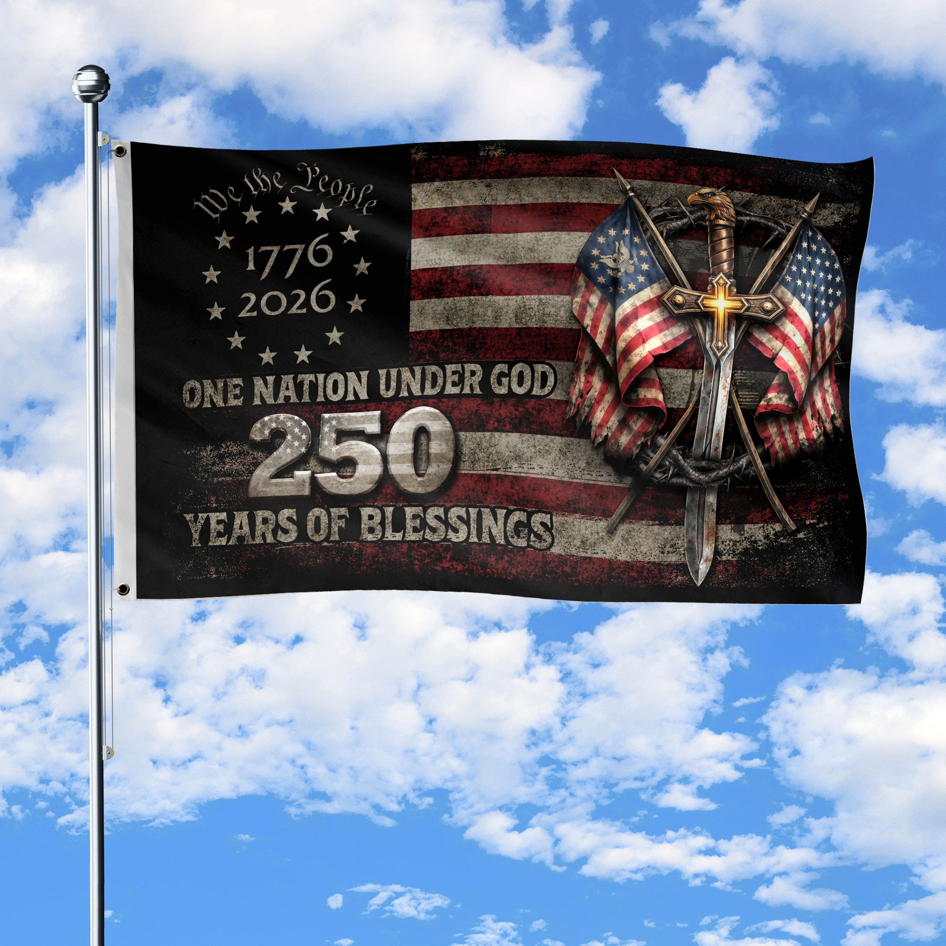 250 Years America Anniversary Flag 1776–2026 Christian Patriotic Decor - Rust Field Wear