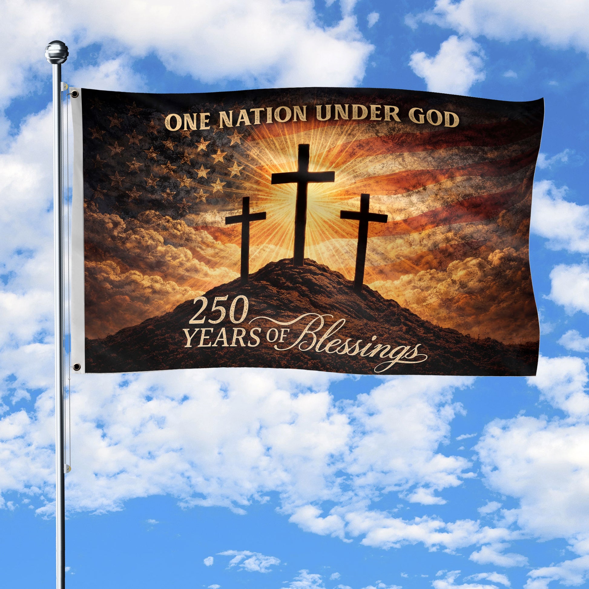 The Blessing of Liberty Flag - 250 Years Celebration - Sacred Three Crosses & American Sky Banner - Rust Field Wear