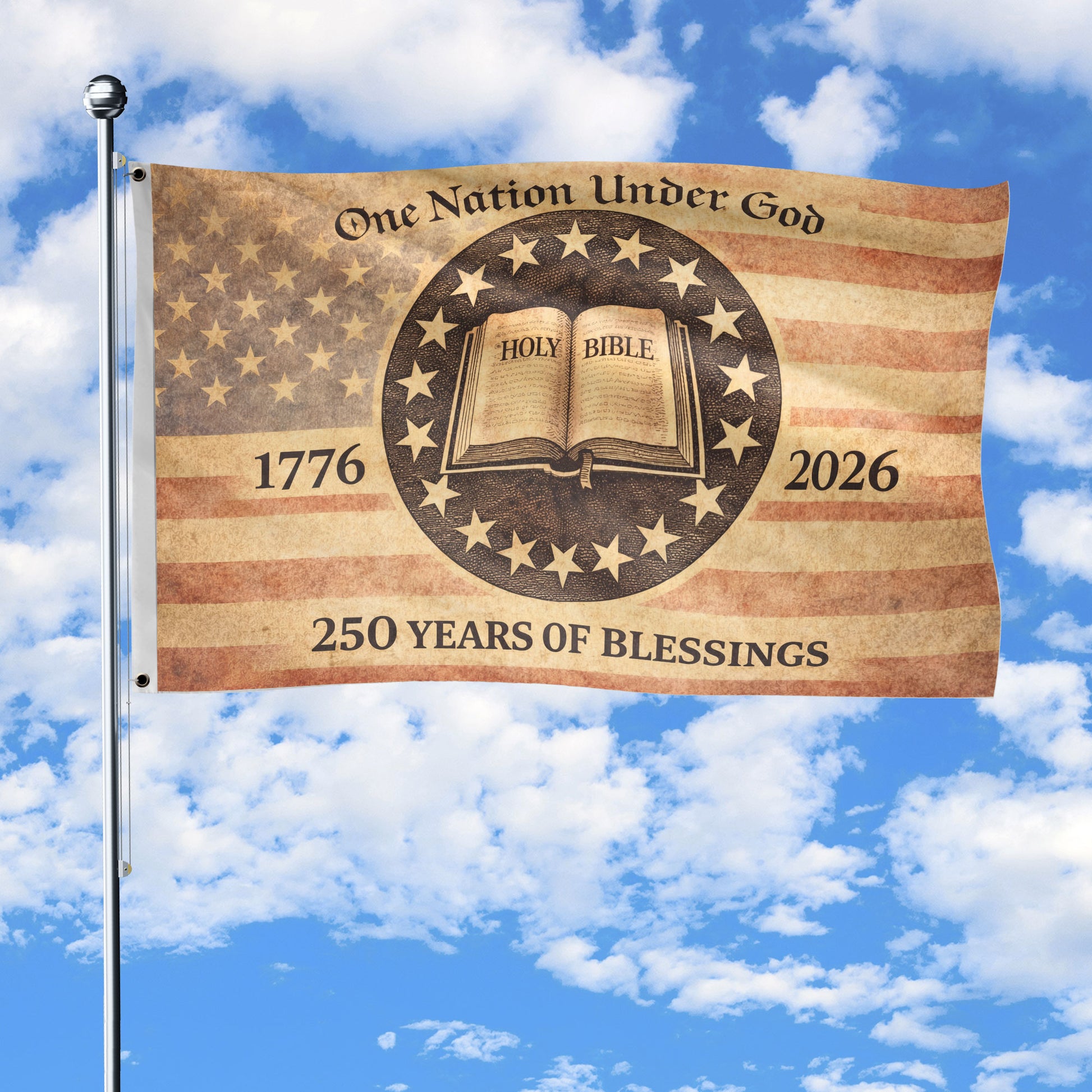 One Nation Under God America Christian Patriotic 250th Anniversary Flag - 250 Years of Blessings Holy Bible & Cross Banner, 1776-2026 Patriotic Double Sided Flag - Rust Field Wear