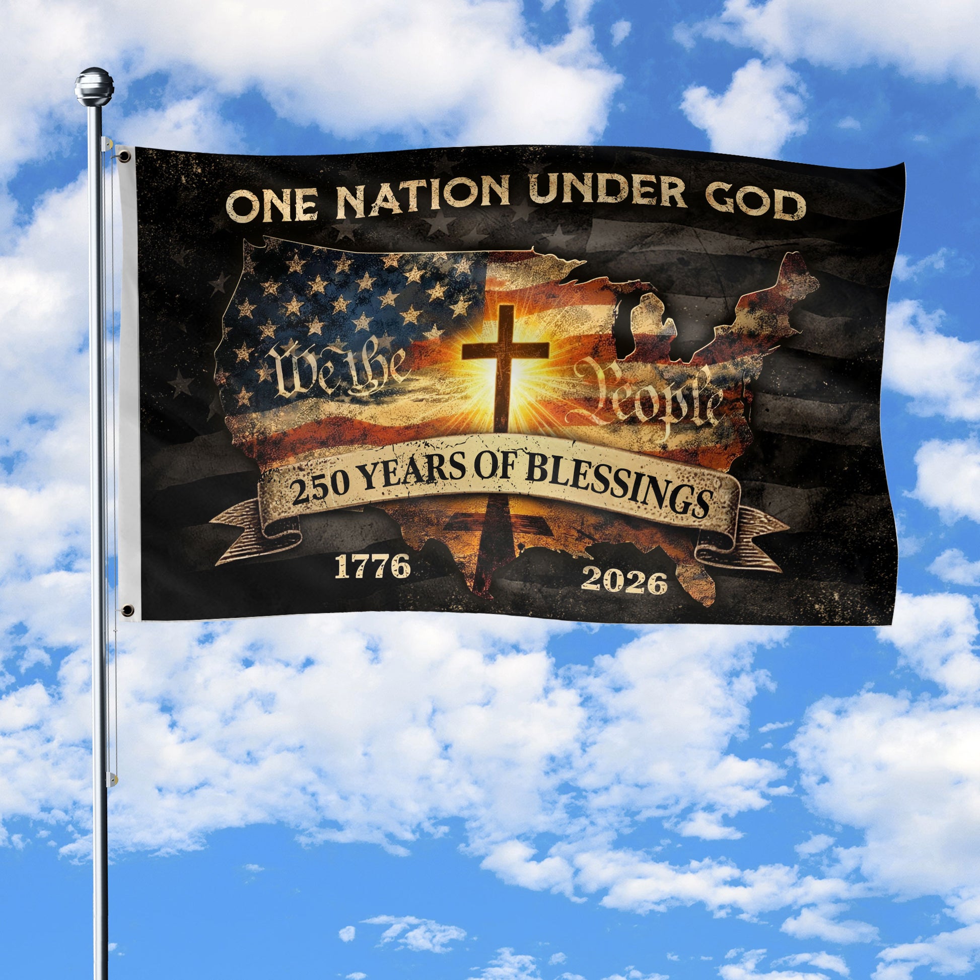 Christian Patriotic One Nation Under God USA 250th Birthday Flag - Rust Field Wear