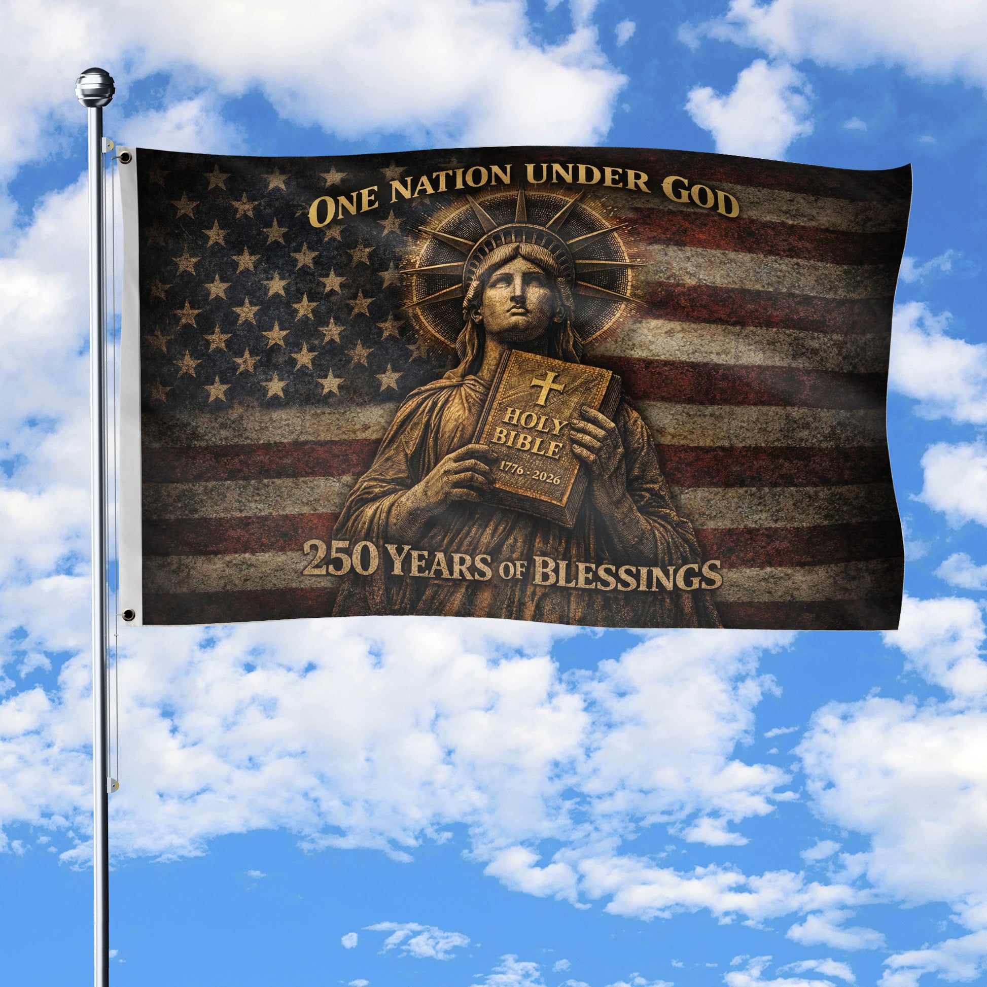 One Nation Under God 250 Years America Anniversary Flag - 250 Years of Blessings Holy Bible & Cross Banner, 1776-2026 Patriotic Double Sided Flag - Rust Field Wear
