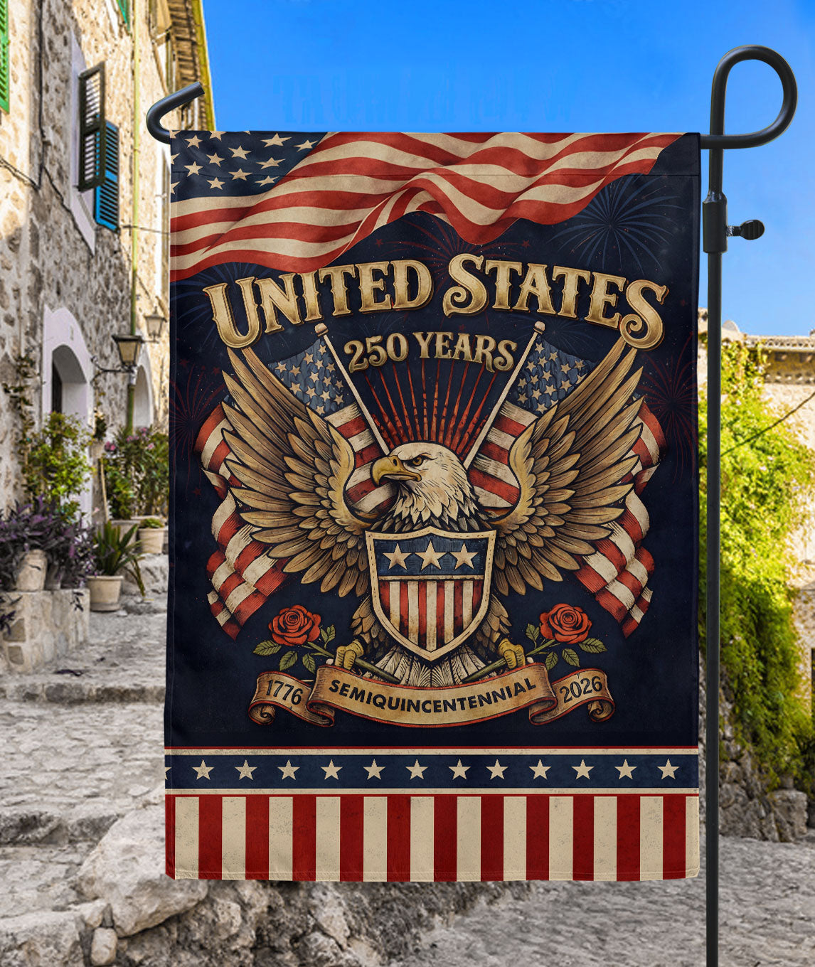 USA 250th Anniversary 1776–2026 House Flag – Patriotic Eagle & Roses Heritage Double Sided Yard Decor